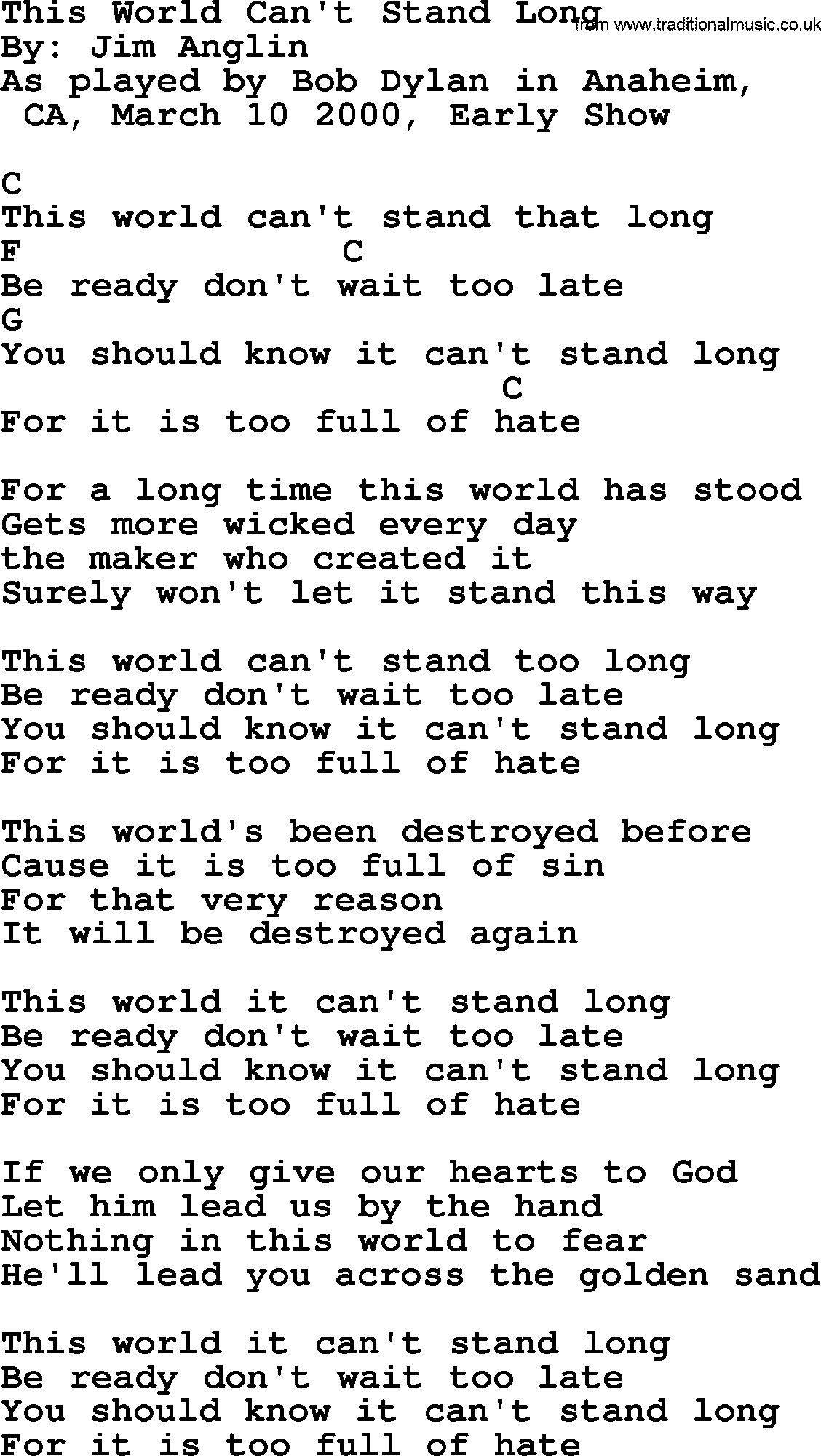Bob Dylan song, lyrics with chords - This World Can't Stand Long