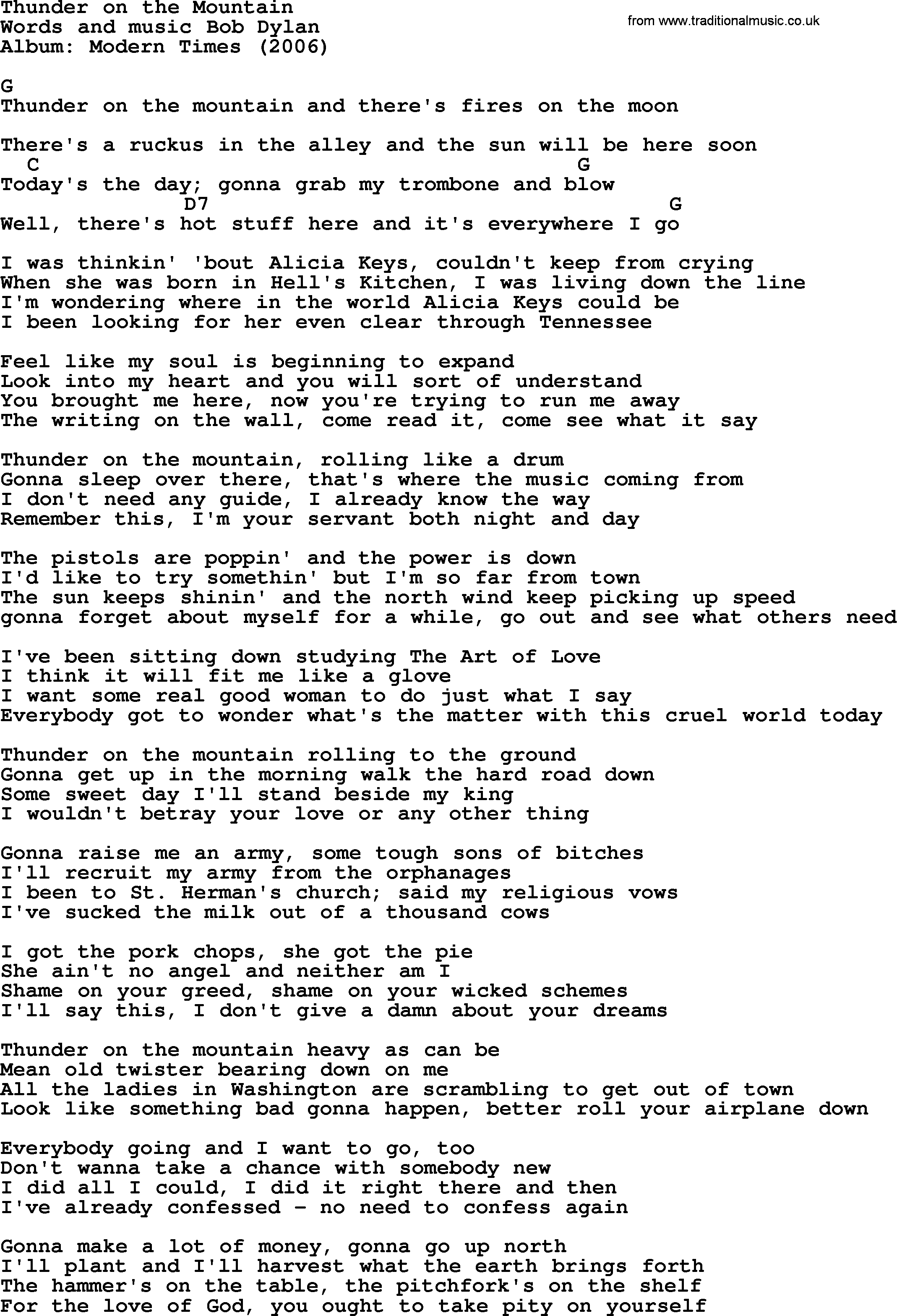 Bob Dylan song, lyrics with chords - Thunder on the Mountain