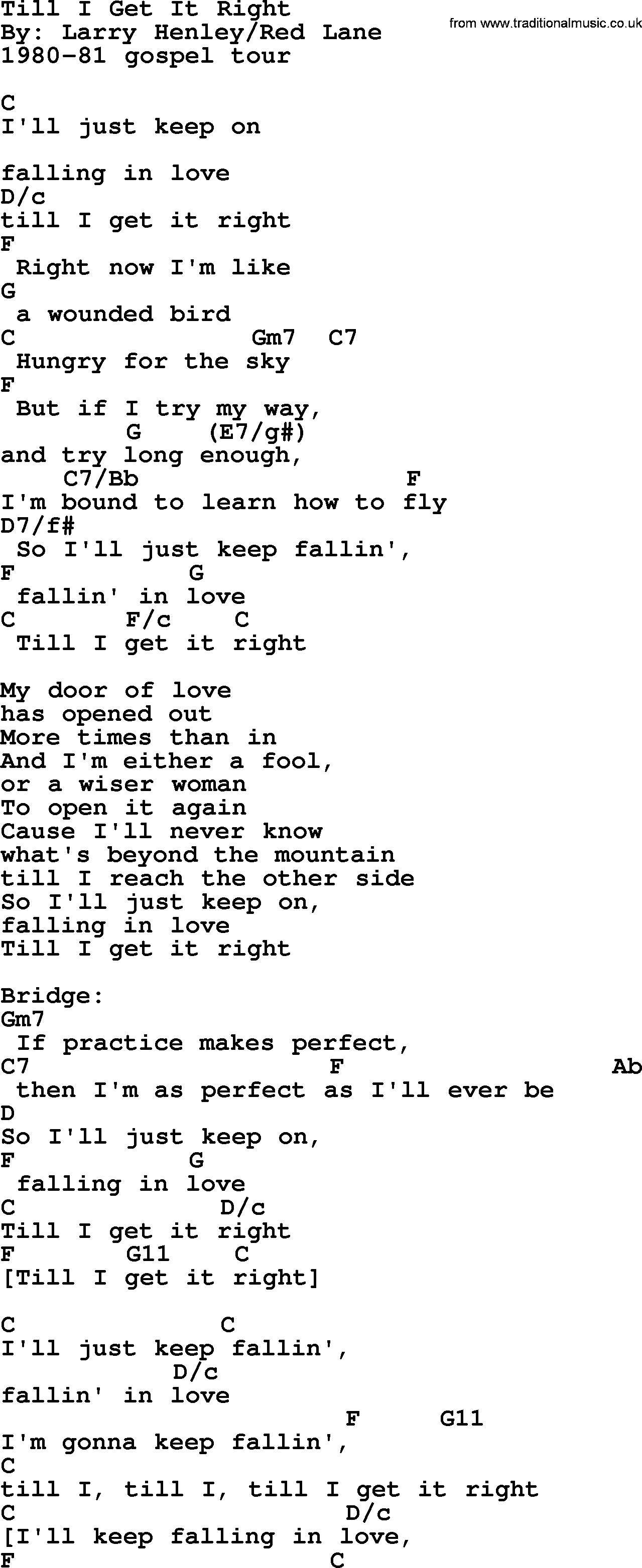 Bob Dylan song, lyrics with chords - Till I Get It Right