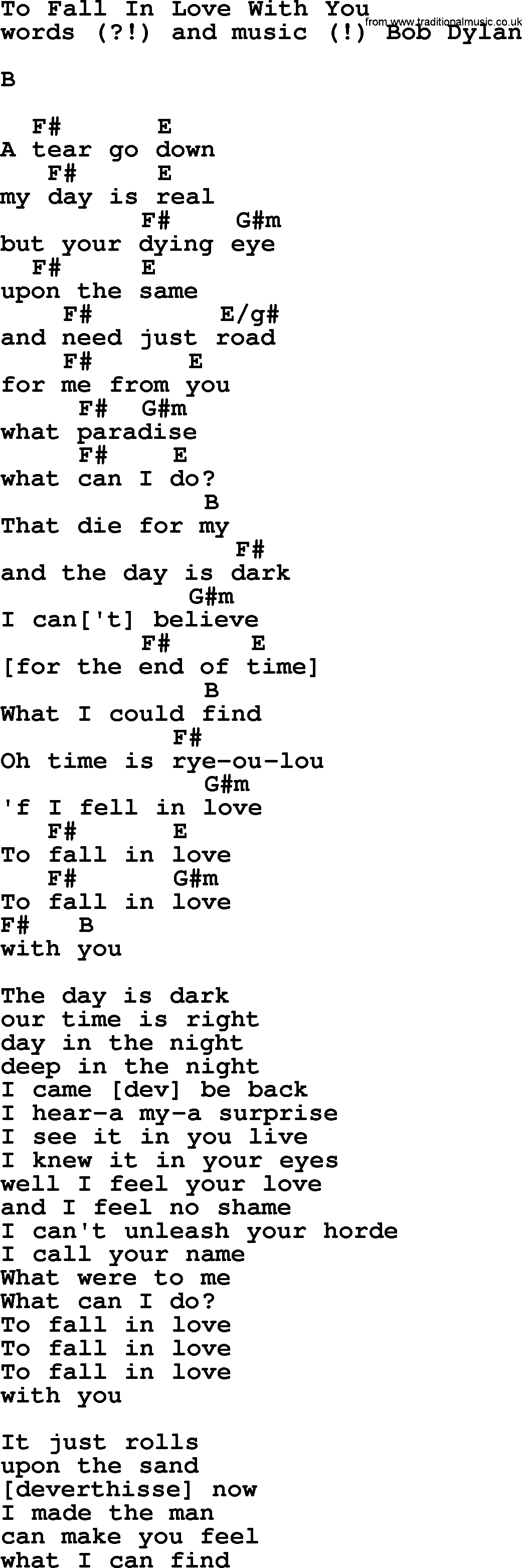 Bob Dylan song, lyrics with chords - To Fall In Love With You