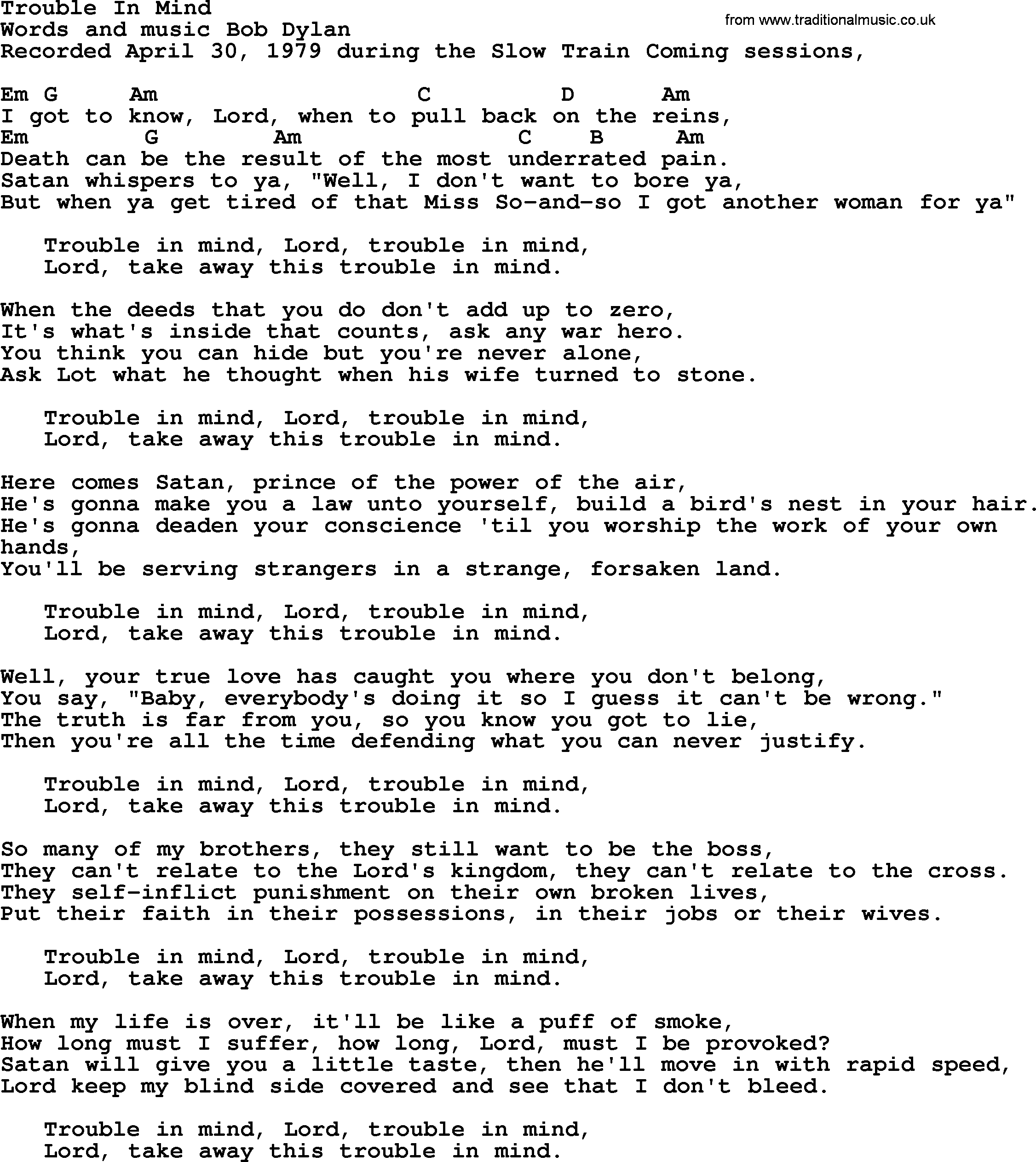 Bob Dylan song, lyrics with chords - Trouble In Mind