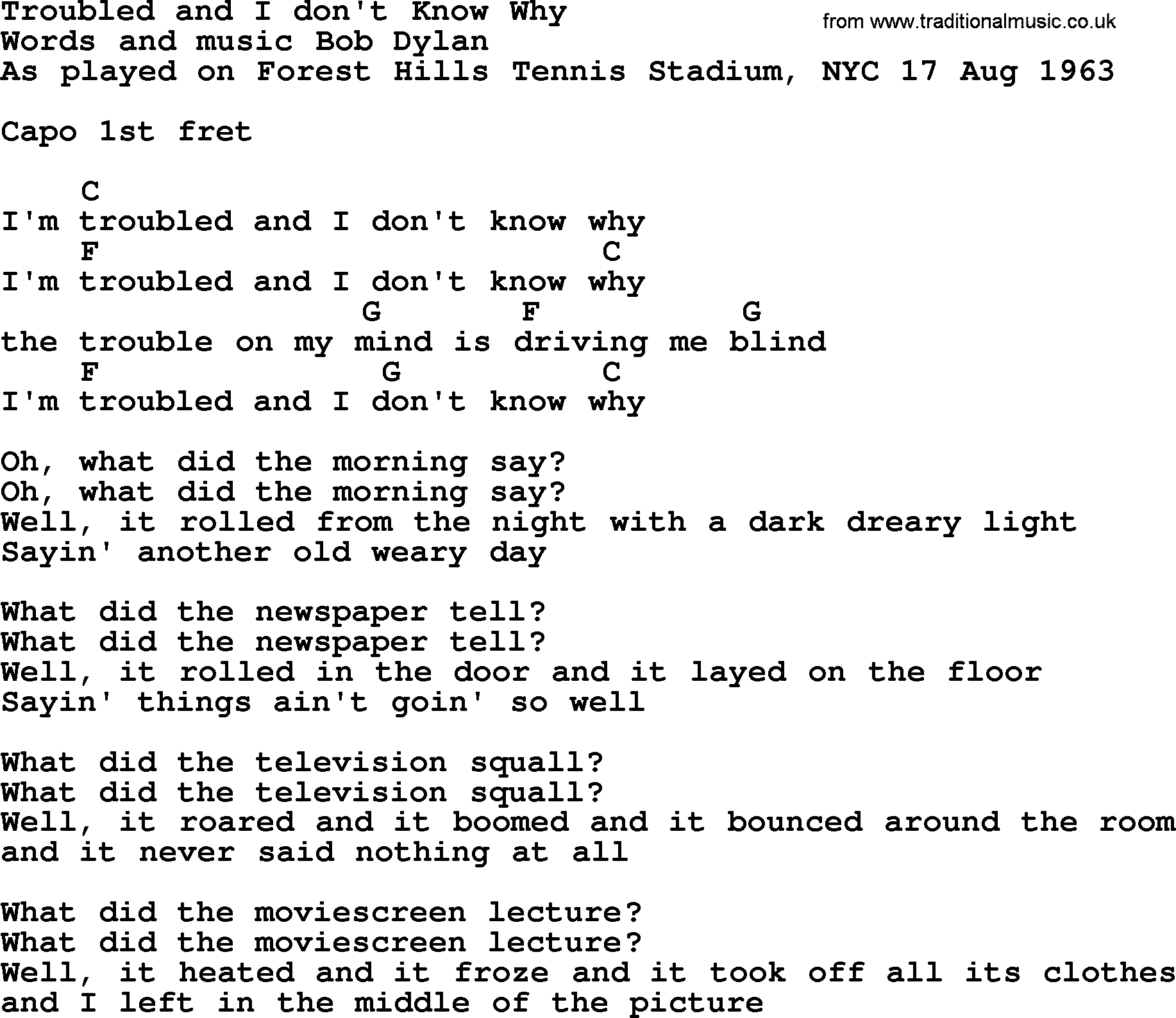 Bob Dylan song, lyrics with chords - Troubled and I don't Know Why