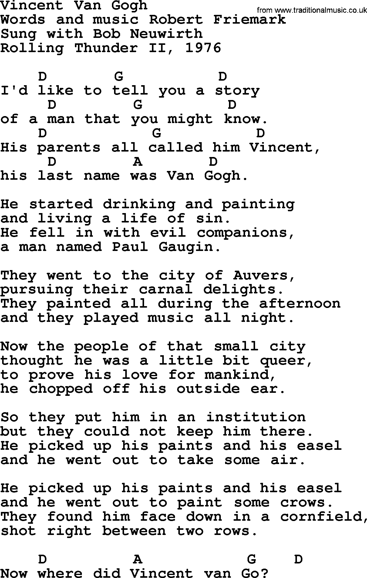 Bob Dylan song, lyrics with chords - Vincent Van Gogh
