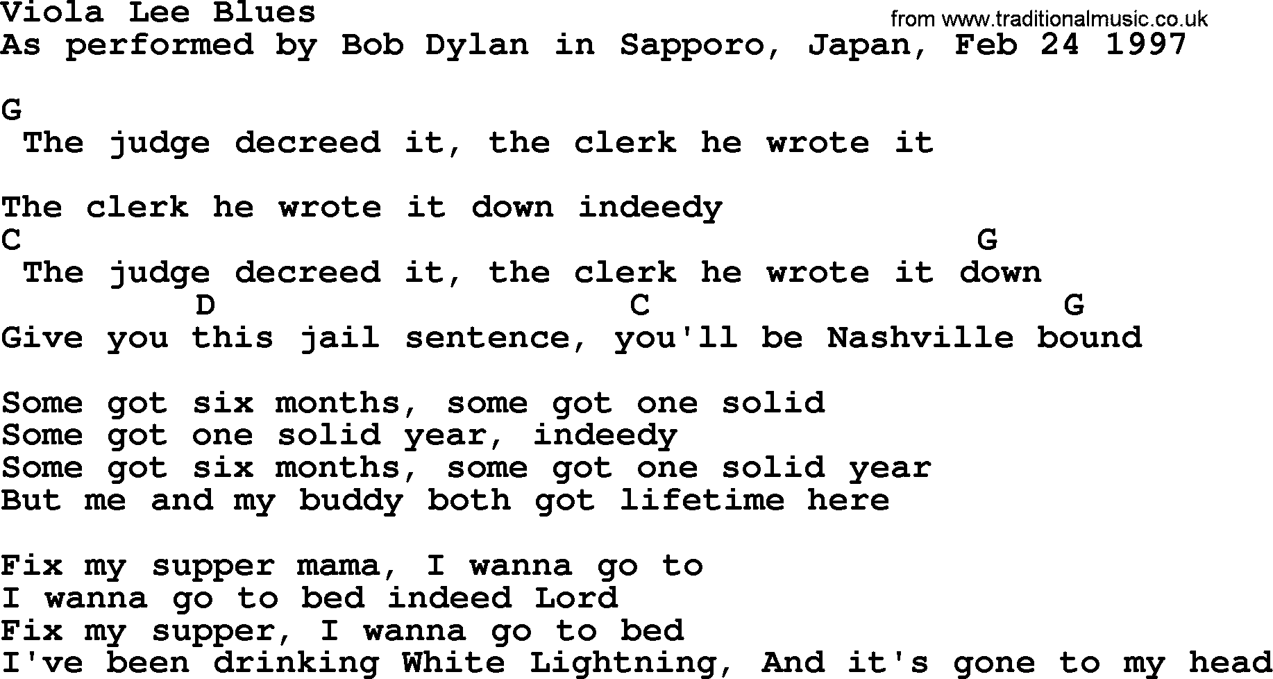 Bob Dylan song, lyrics with chords - Viola Lee Blues