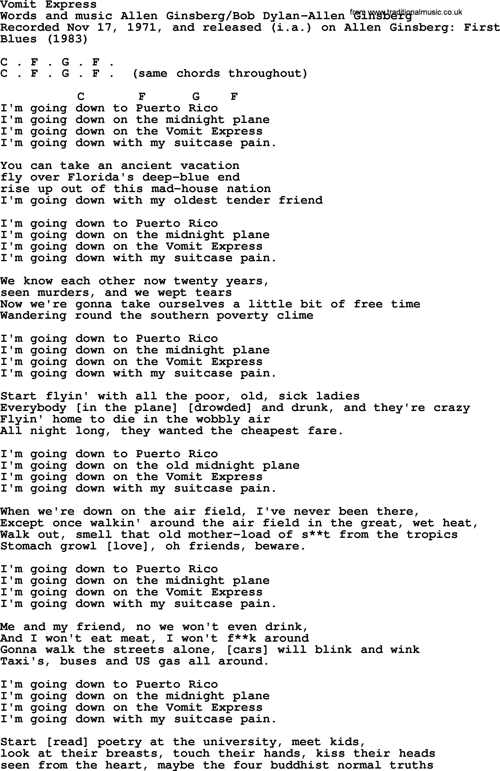 Bob Dylan song, lyrics with chords - Vomit Express