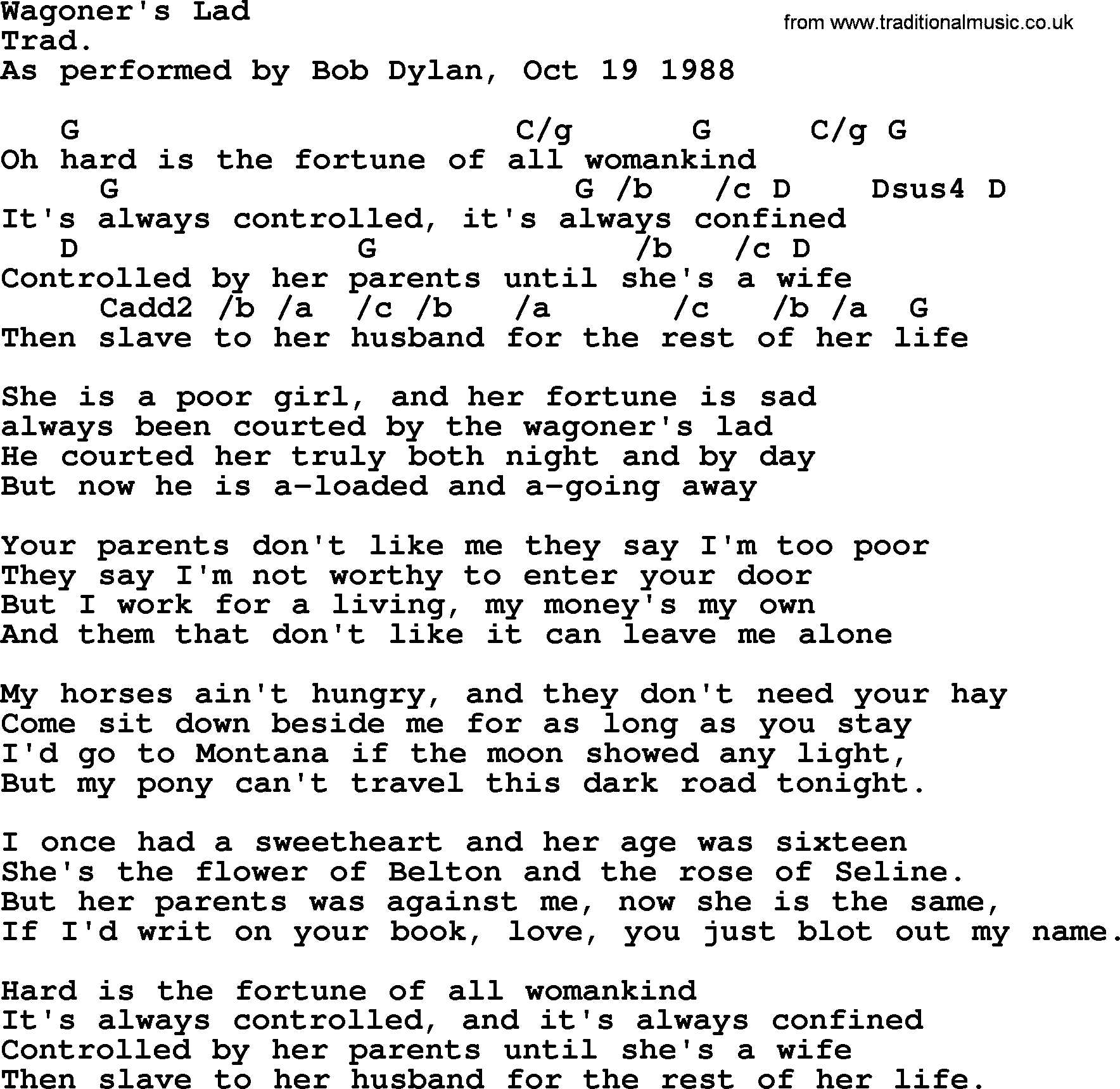 Bob Dylan song, lyrics with chords - Wagoner's Lad