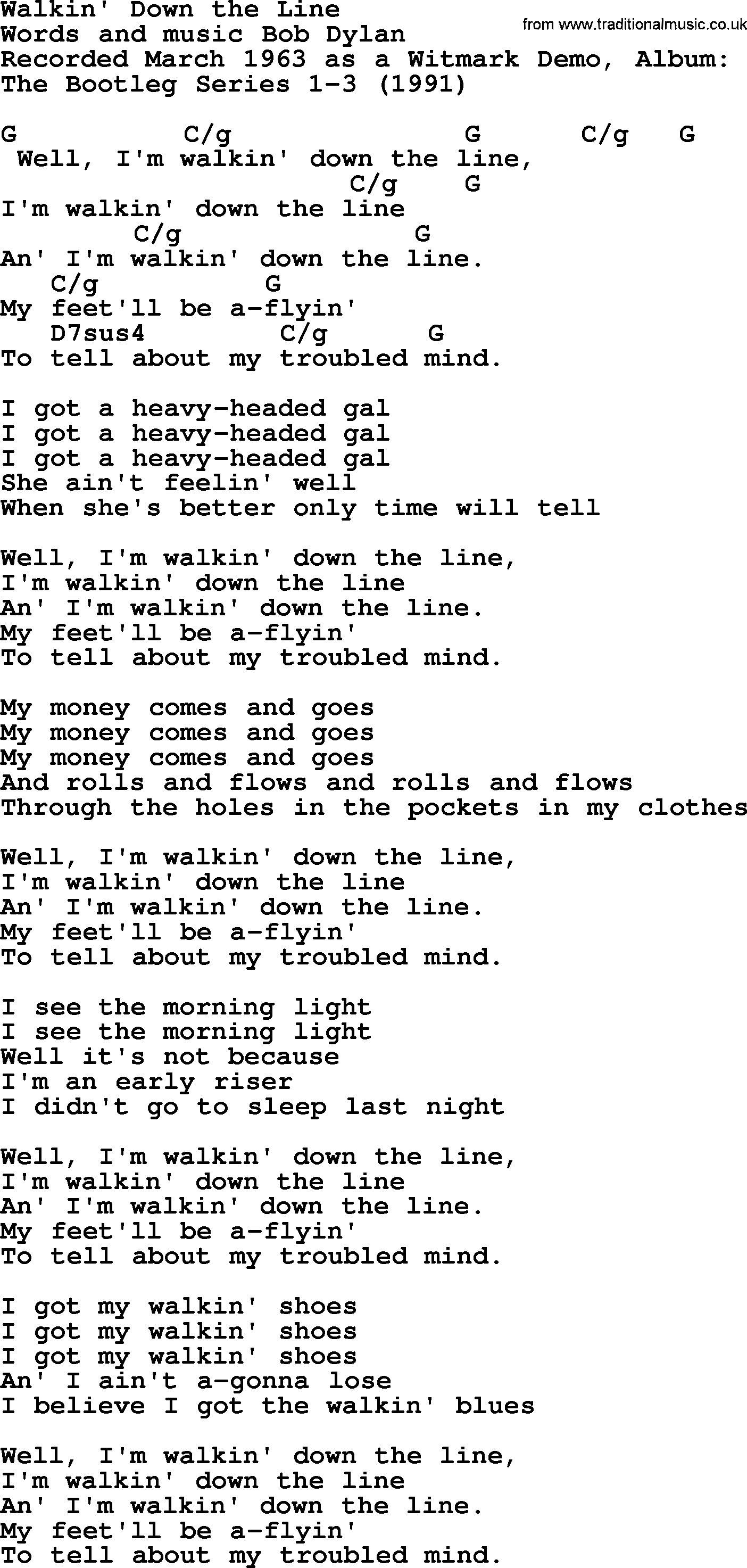 Bob Dylan song, lyrics with chords - Walkin' Down the Line