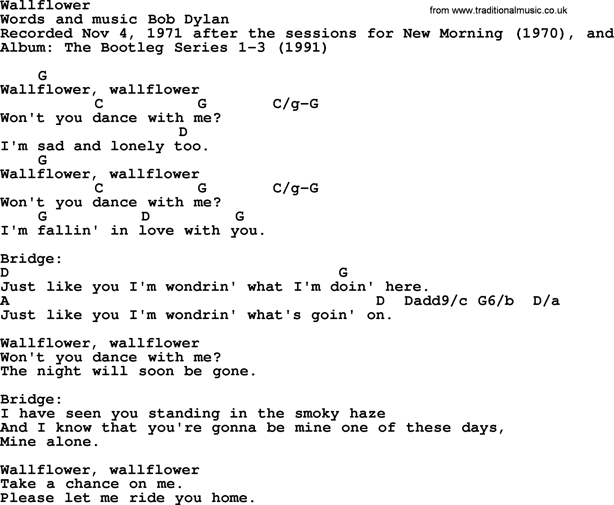Bob Dylan song, lyrics with chords - Wallflower