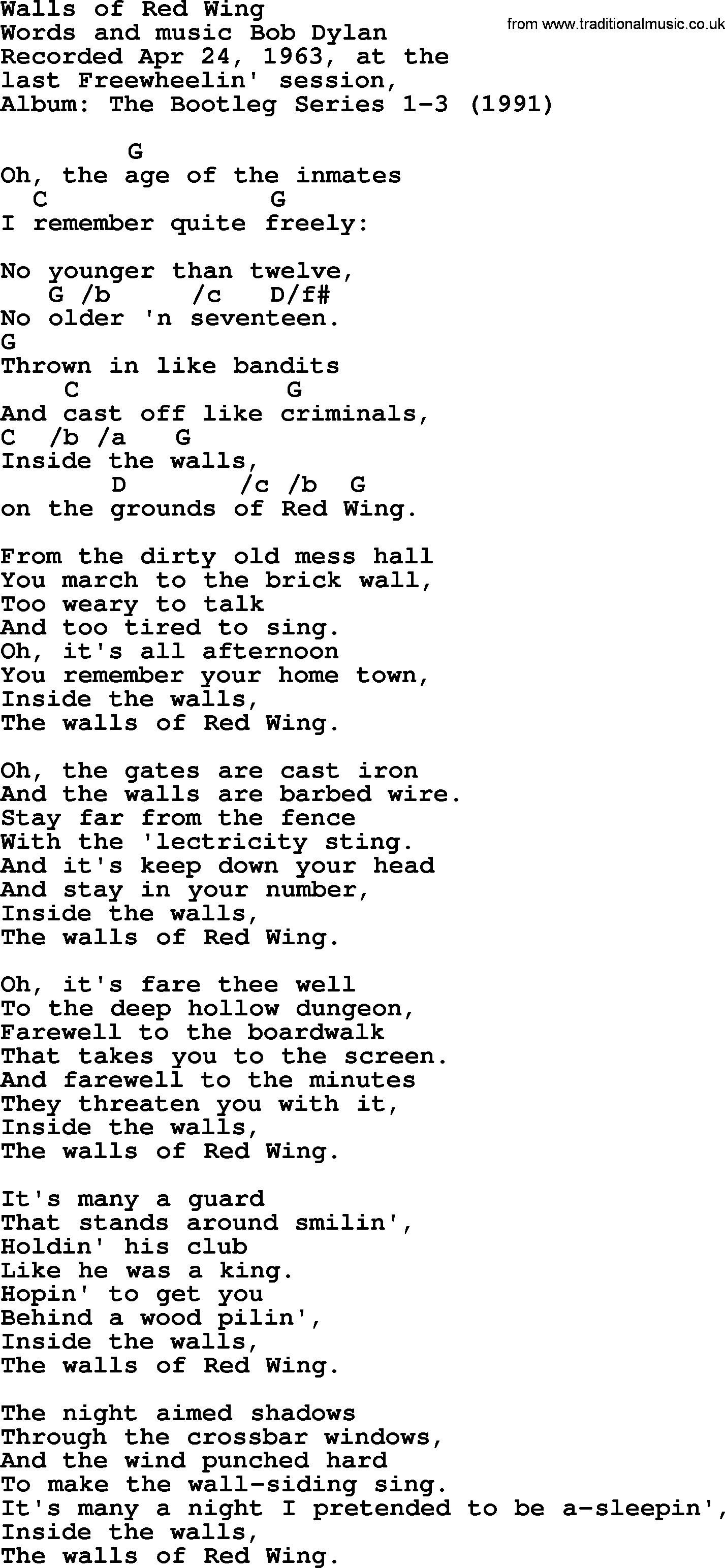 Bob Dylan song, lyrics with chords - Walls of Red Wing