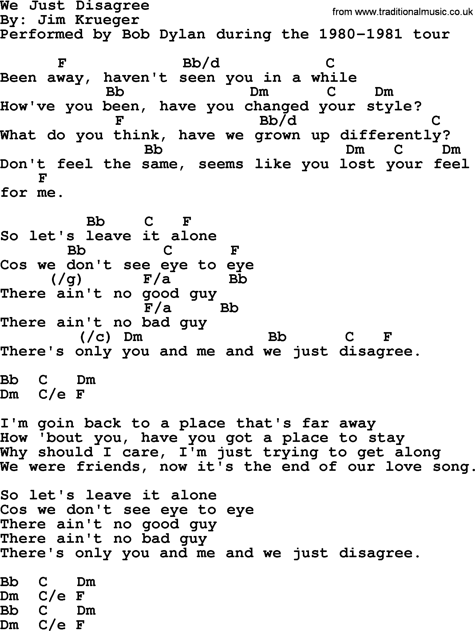 Bob Dylan song, lyrics with chords - We Just Disagree