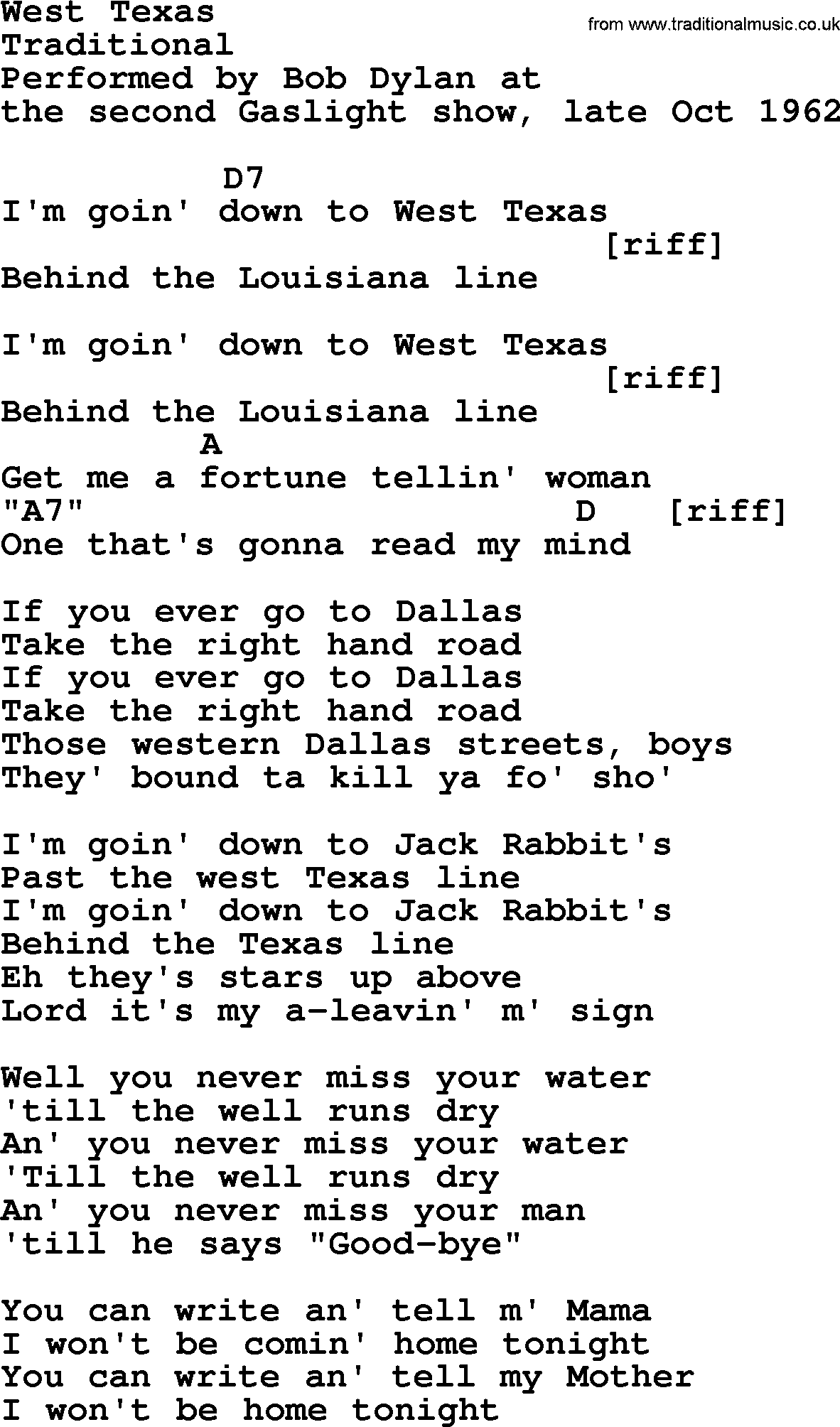 Bob Dylan song, lyrics with chords - West Texas