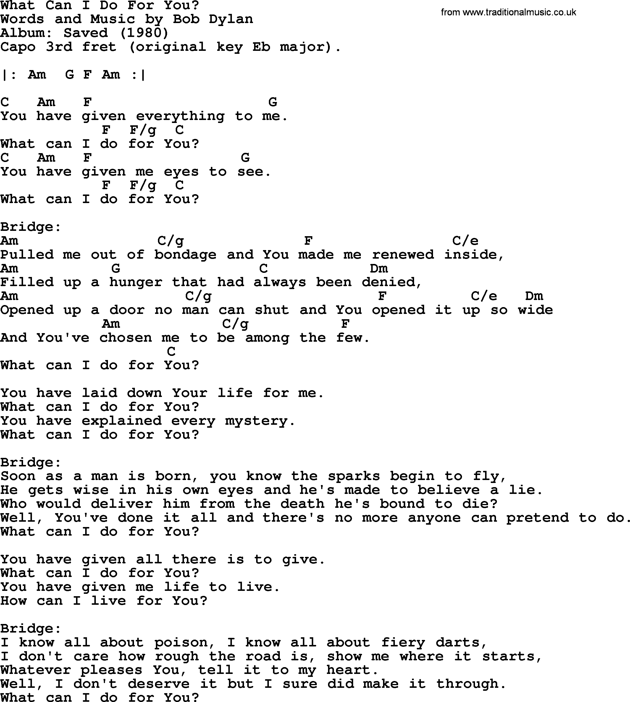 Bob Dylan song, lyrics with chords - What Can I Do For You