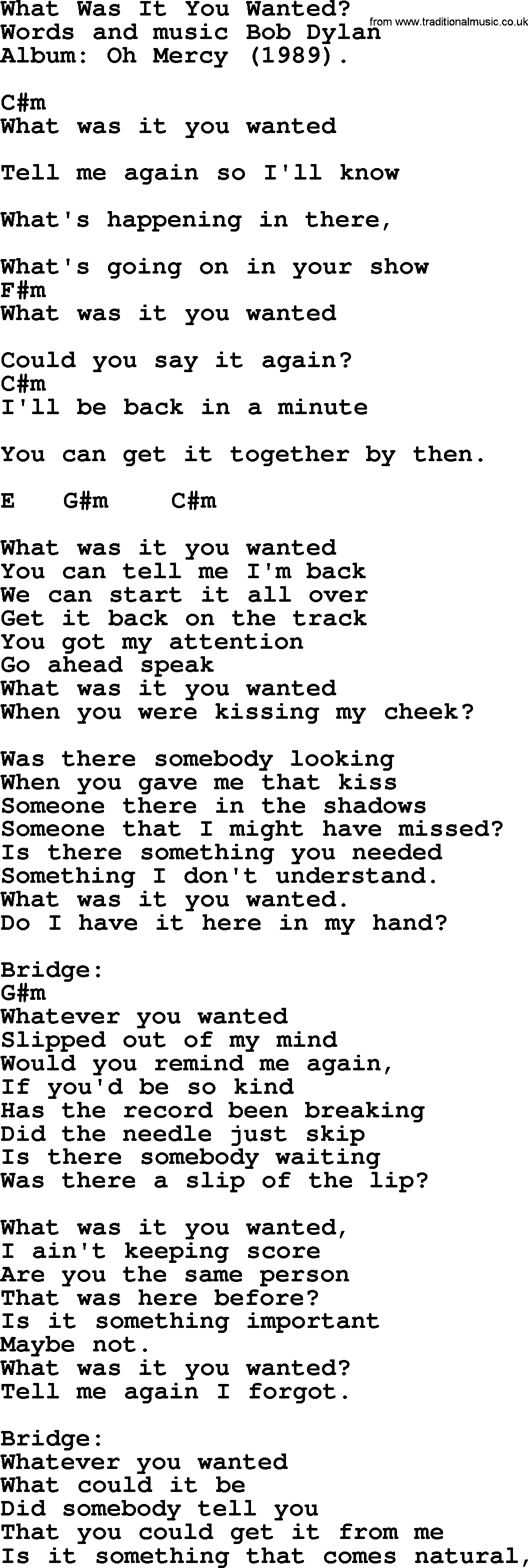 Bob Dylan song, lyrics with chords - What Was It You Wanted