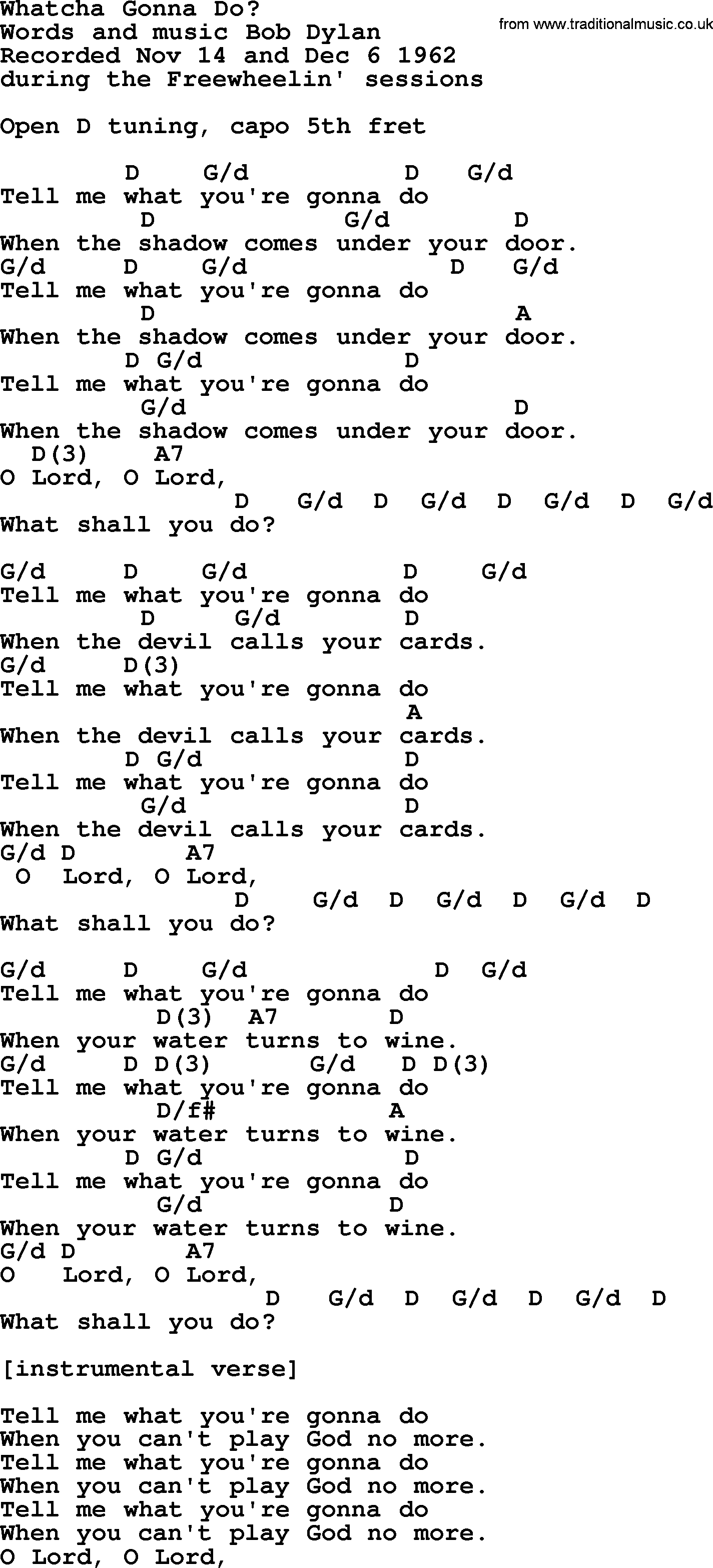 Bob Dylan song, lyrics with chords - Whatcha Gonna Do