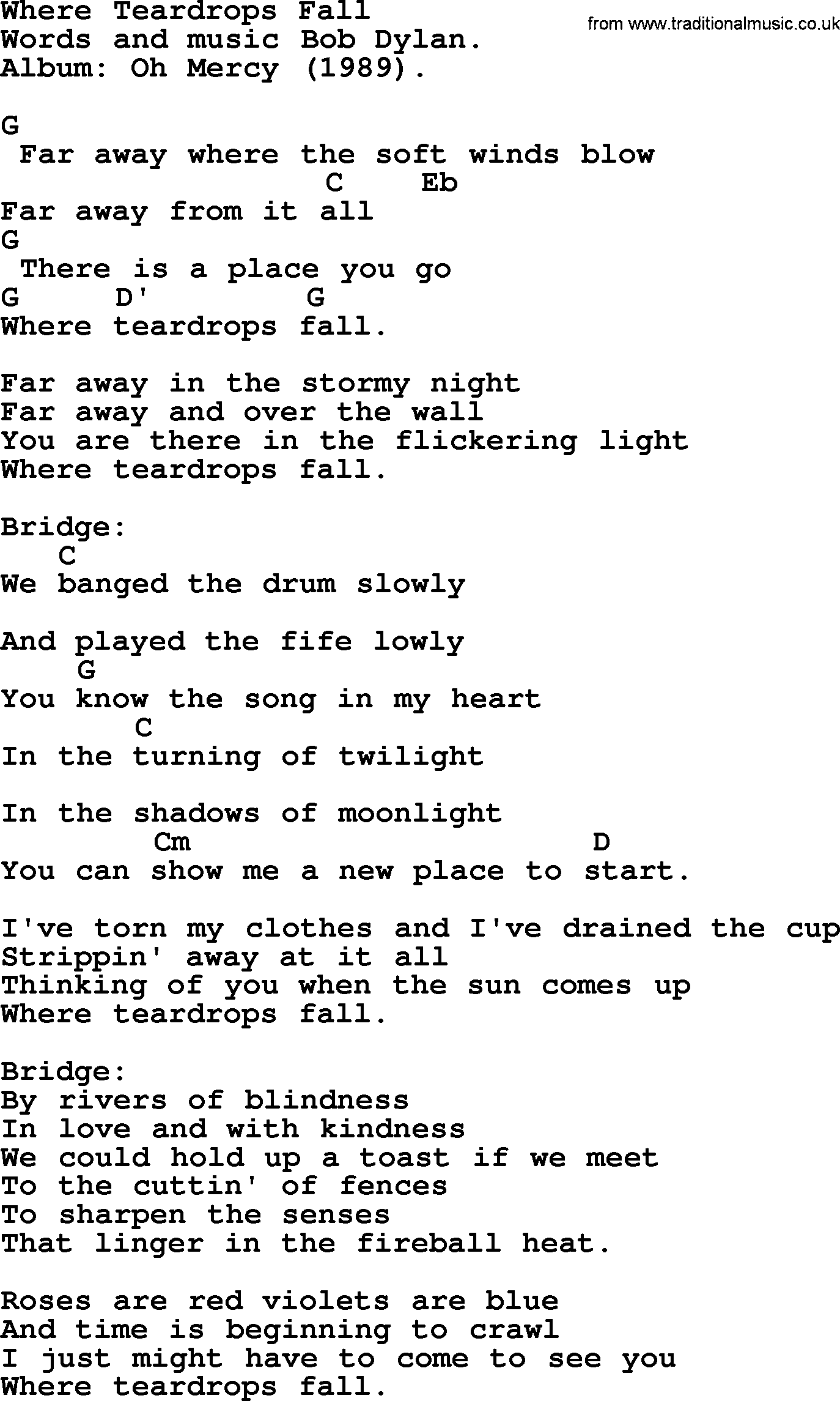 Bob Dylan song, lyrics with chords - Where Teardrops Fall
