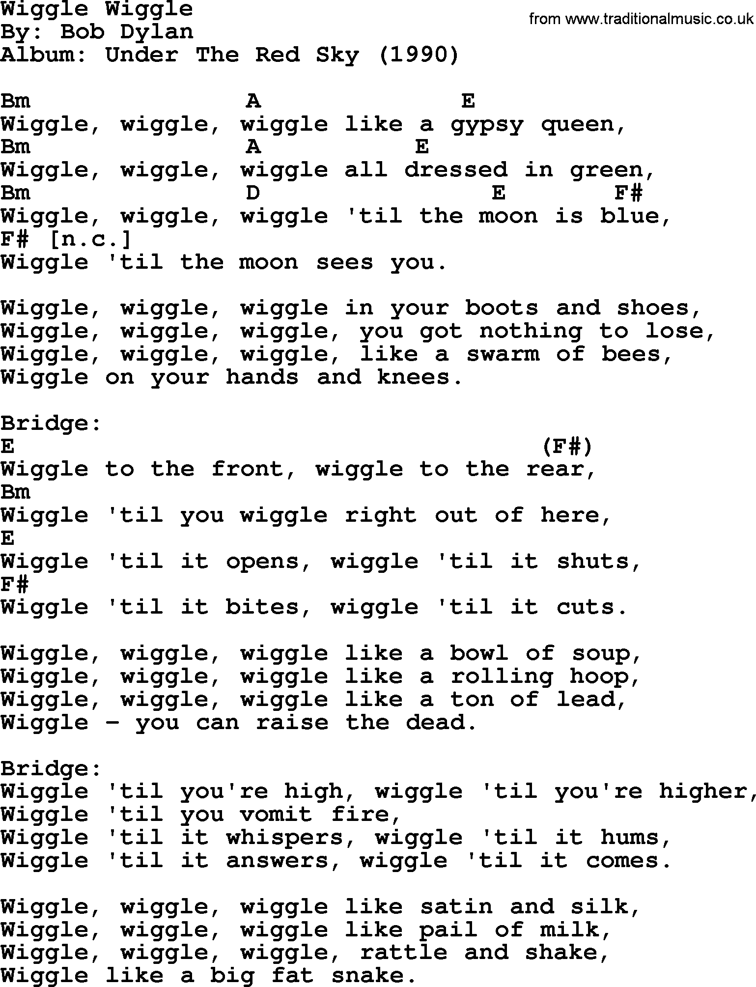 Bob Dylan song, lyrics with chords - Wiggle Wiggle