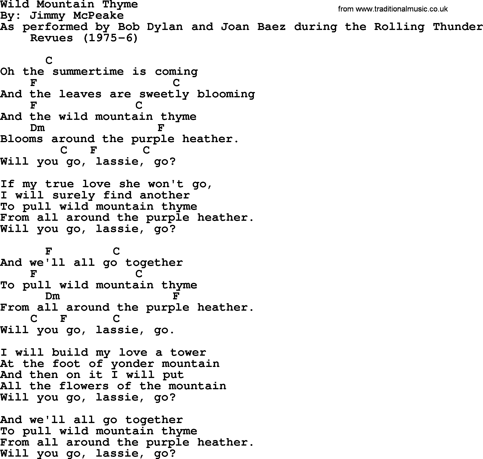 Bob Dylan song, lyrics with chords - Wild Mountain Thyme