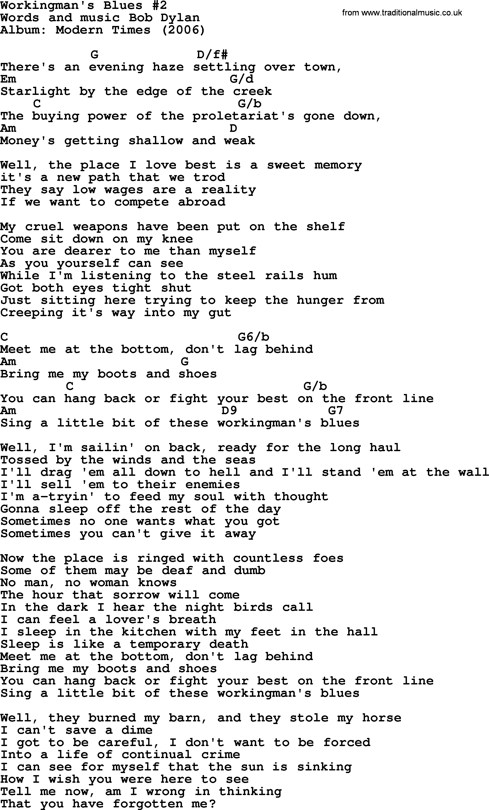 Bob Dylan song, lyrics with chords - Workingman's Blues 2