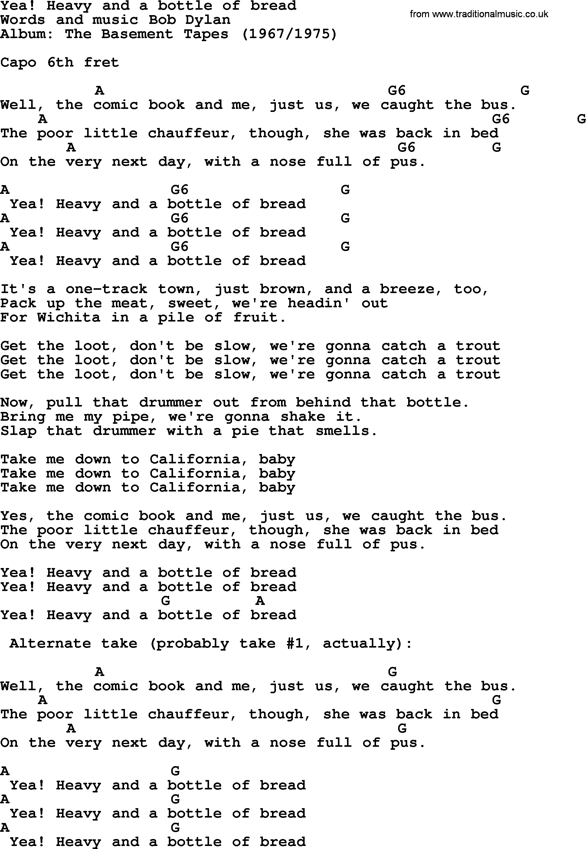 Bob Dylan song, lyrics with chords - Yea! Heavy and a bottle of bread