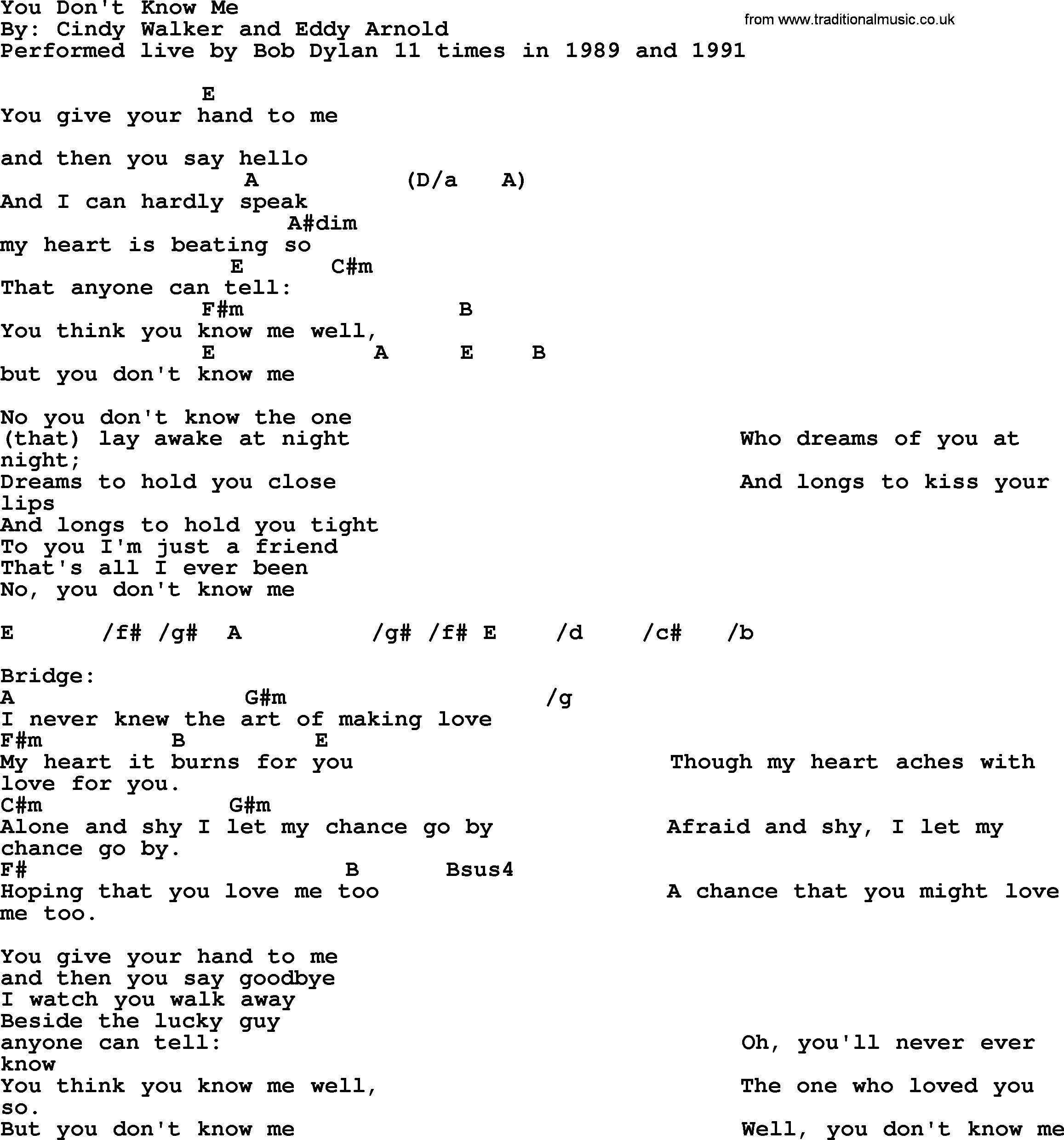 Bob Dylan song, lyrics with chords - You Don't Know Me