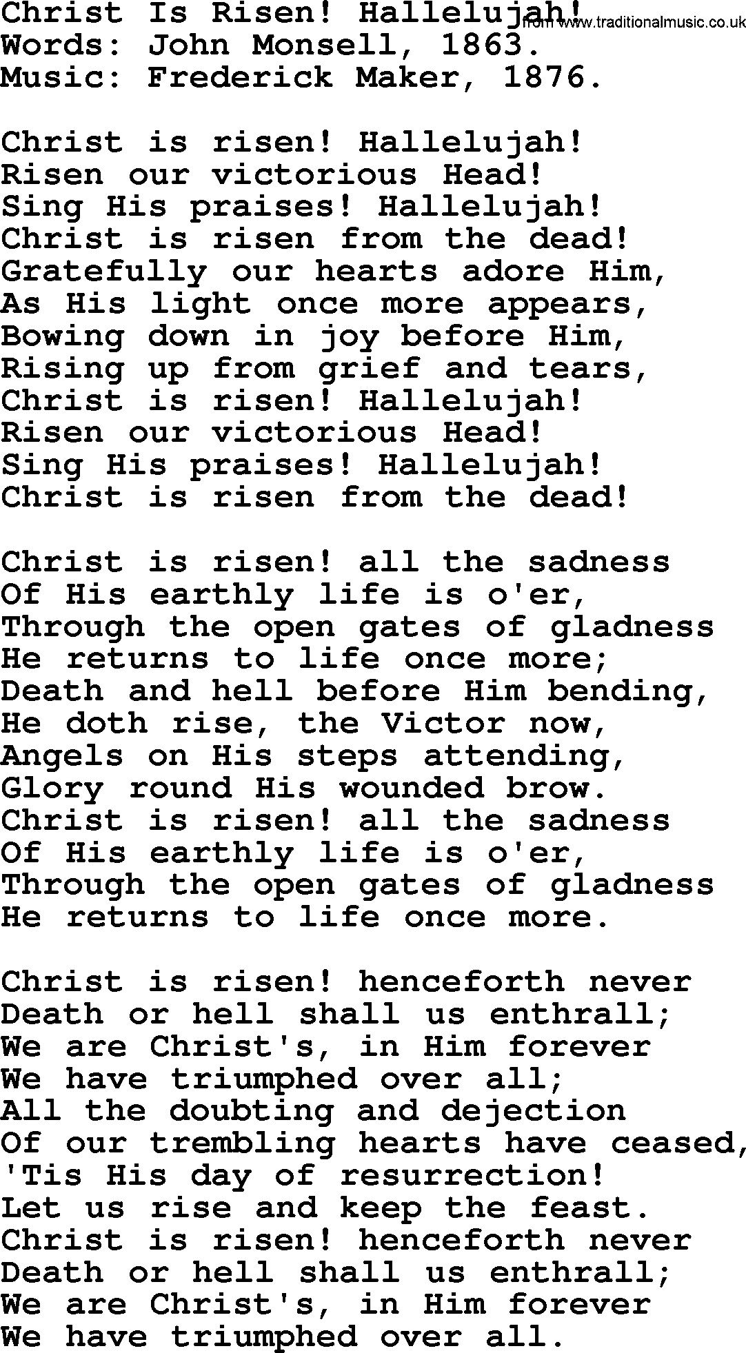 Easter Hymns, Hymn: Christ Is Risen! Hallelujah!, lyrics with PDF