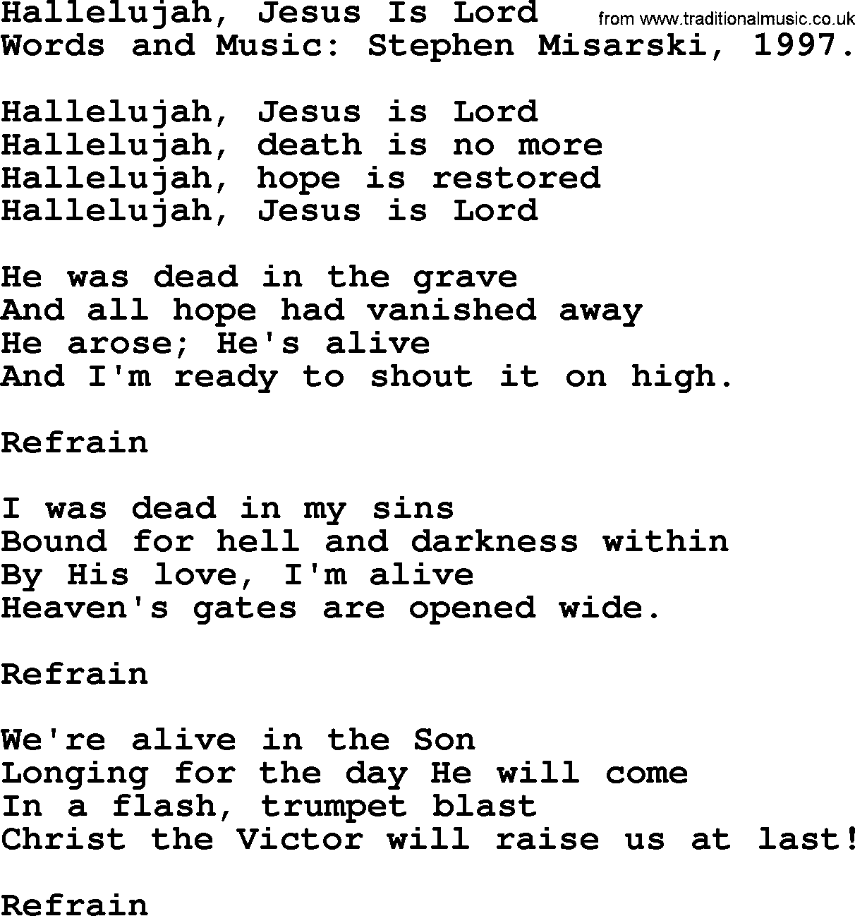 Easter Hymns, Hymn: Hallelujah, Jesus Is Lord, lyrics with PDF