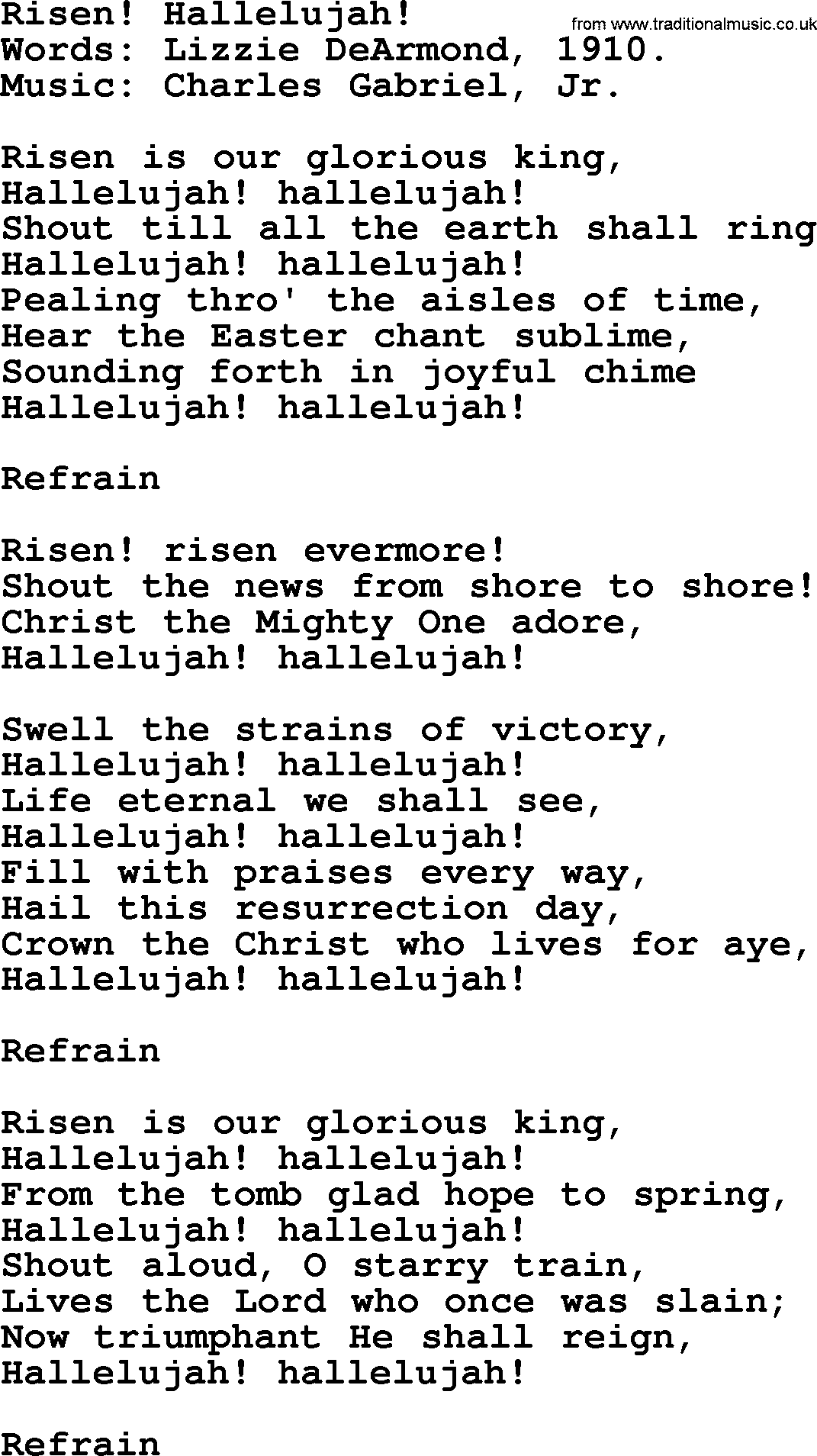 Easter Hymns, Hymn: Risen! Hallelujah!, lyrics with PDF