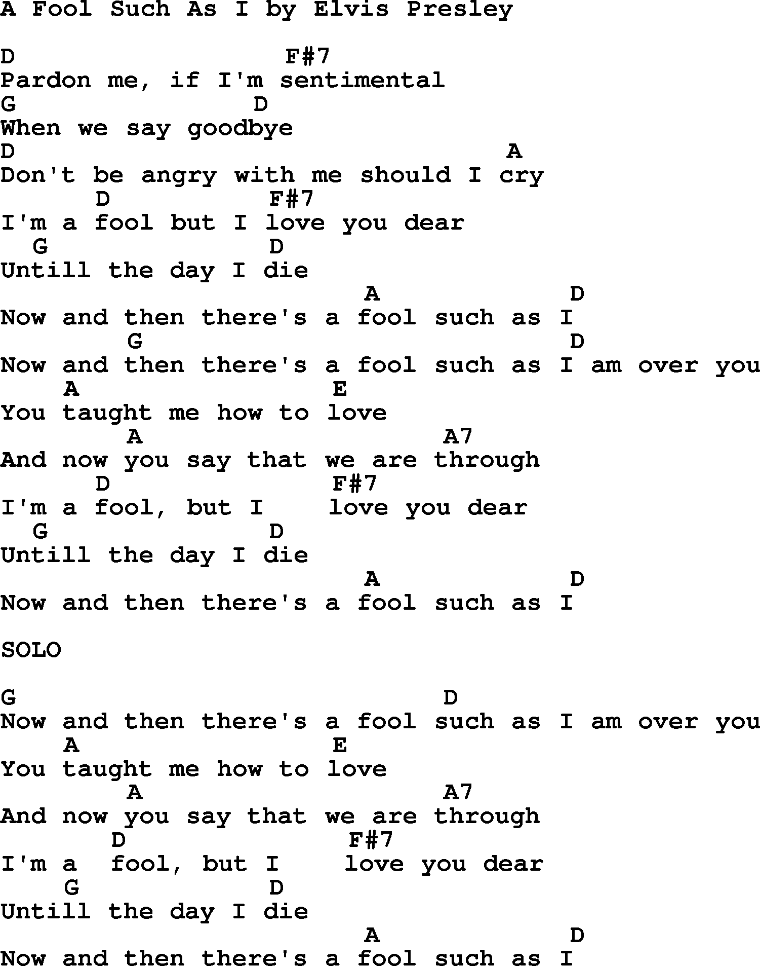 Elvis Presley song: A Fool Such As I, lyrics and chords