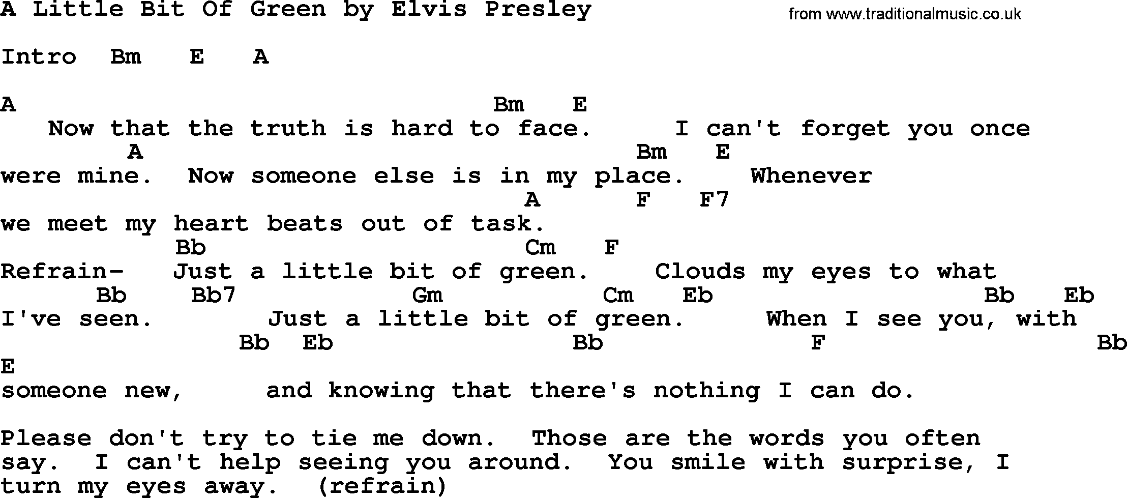 Elvis Presley song: A Little Bit Of Green, lyrics and chords