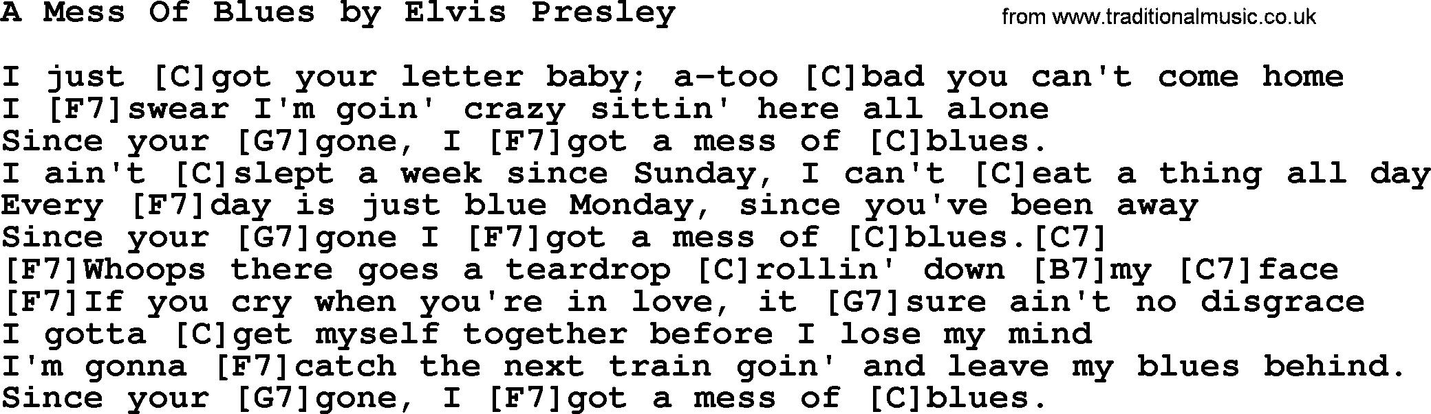 Elvis Presley song: A Mess Of Blues, lyrics and chords