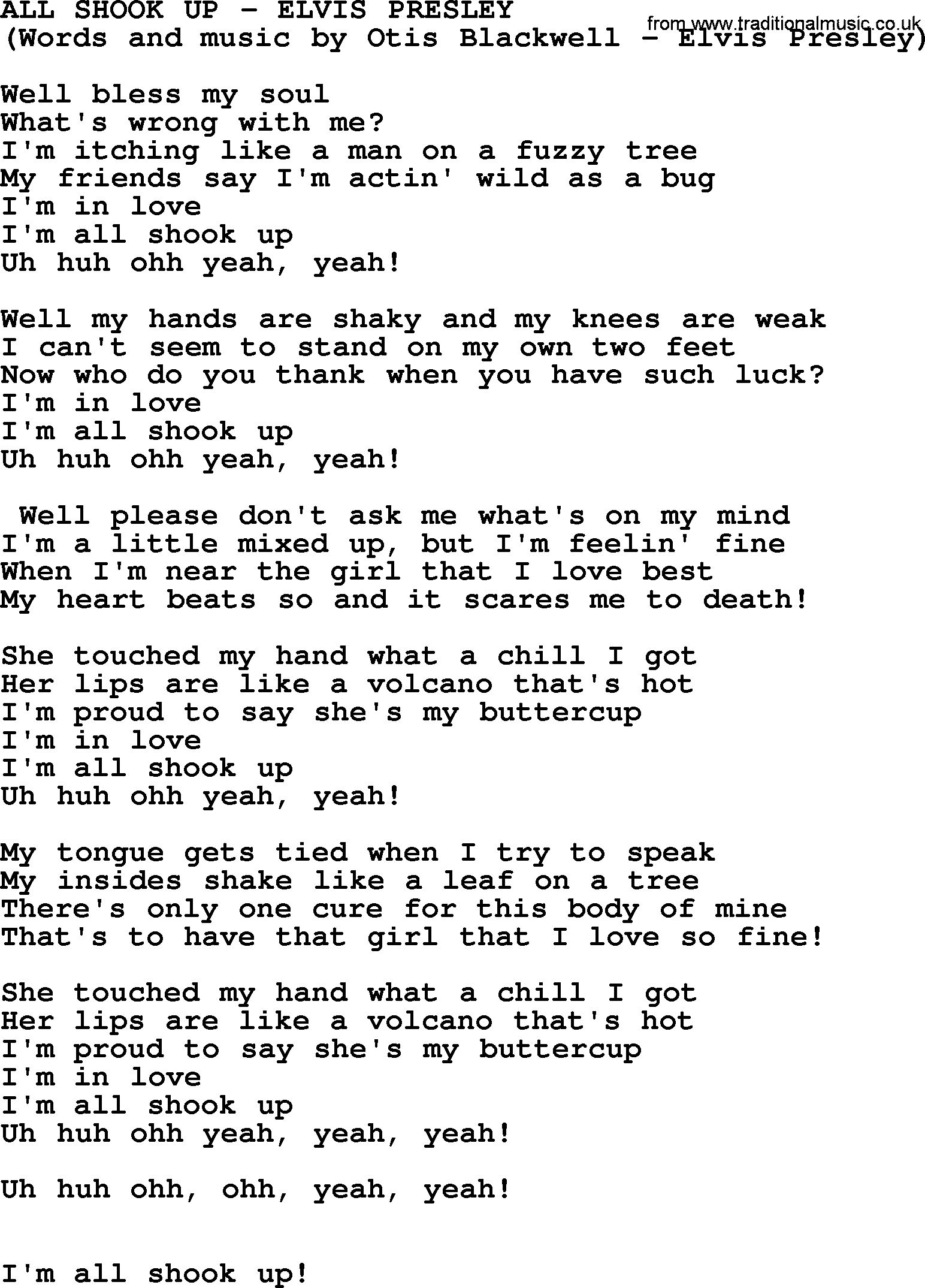 Elvis Presley song: All Shook Up lyrics