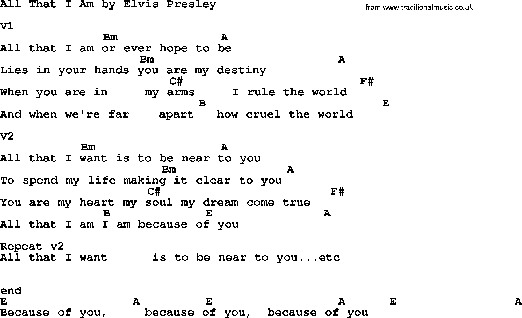 Elvis Presley song: All That I Am, lyrics and chords