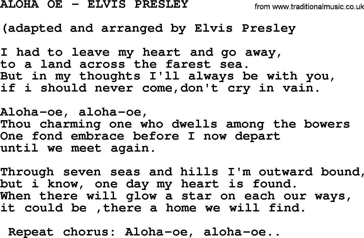 Elvis Presley song: Aloha Oe-Elvis Presley-.txt lyrics and chords