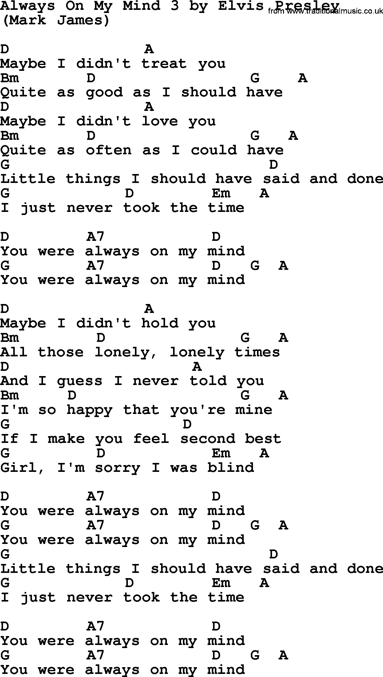 Elvis Presley song: Always On My Mind 3, lyrics and chords