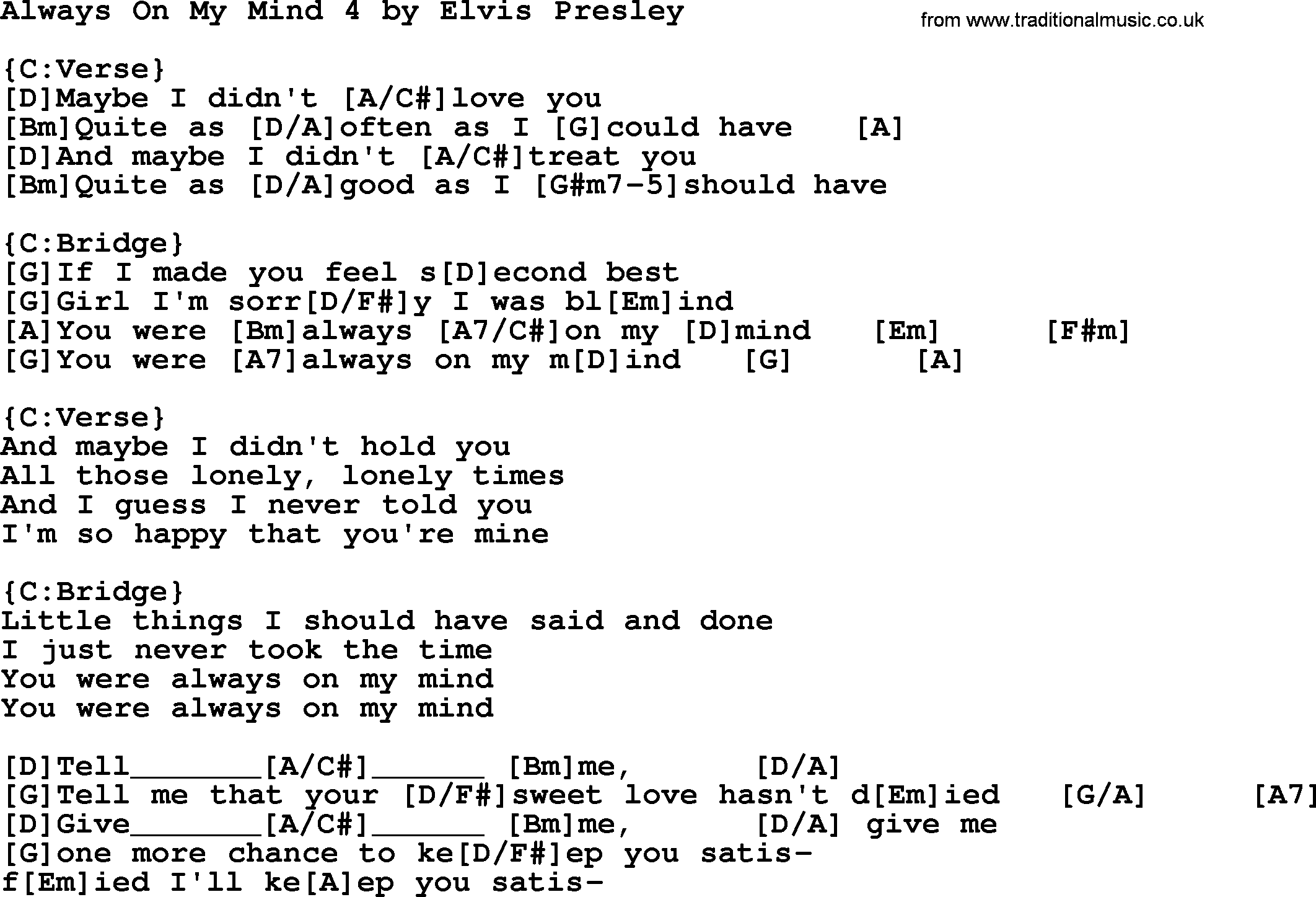 Elvis Presley song: Always On My Mind 4, lyrics and chords