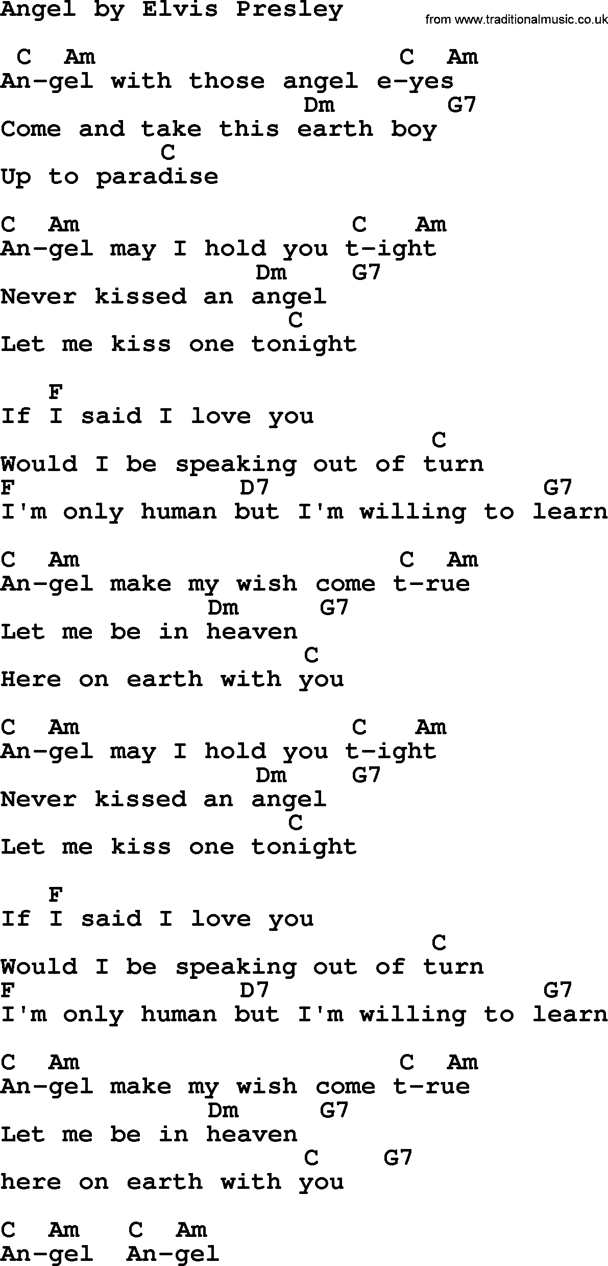 Elvis Presley song: Angel, lyrics and chords