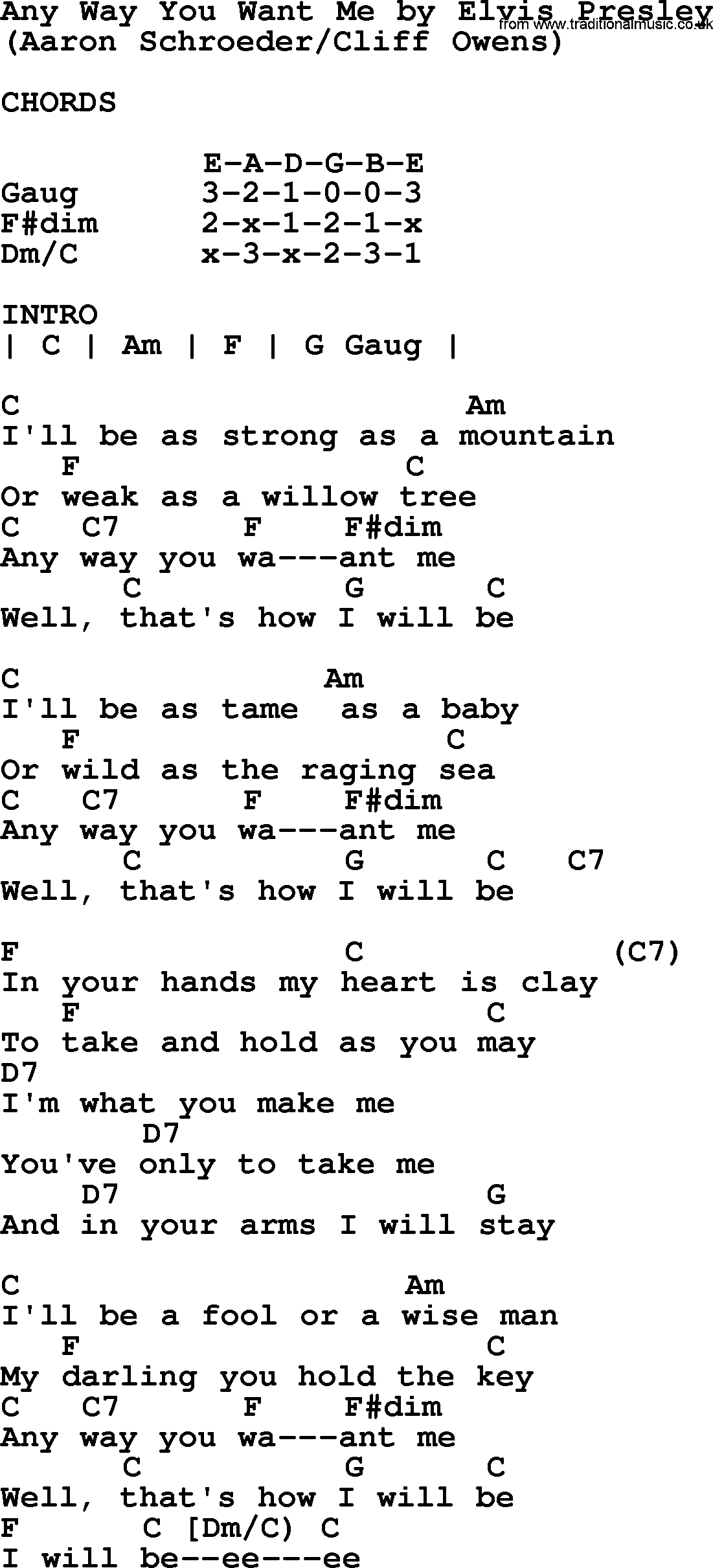 Elvis Presley song: Any Way You Want Me, lyrics and chords