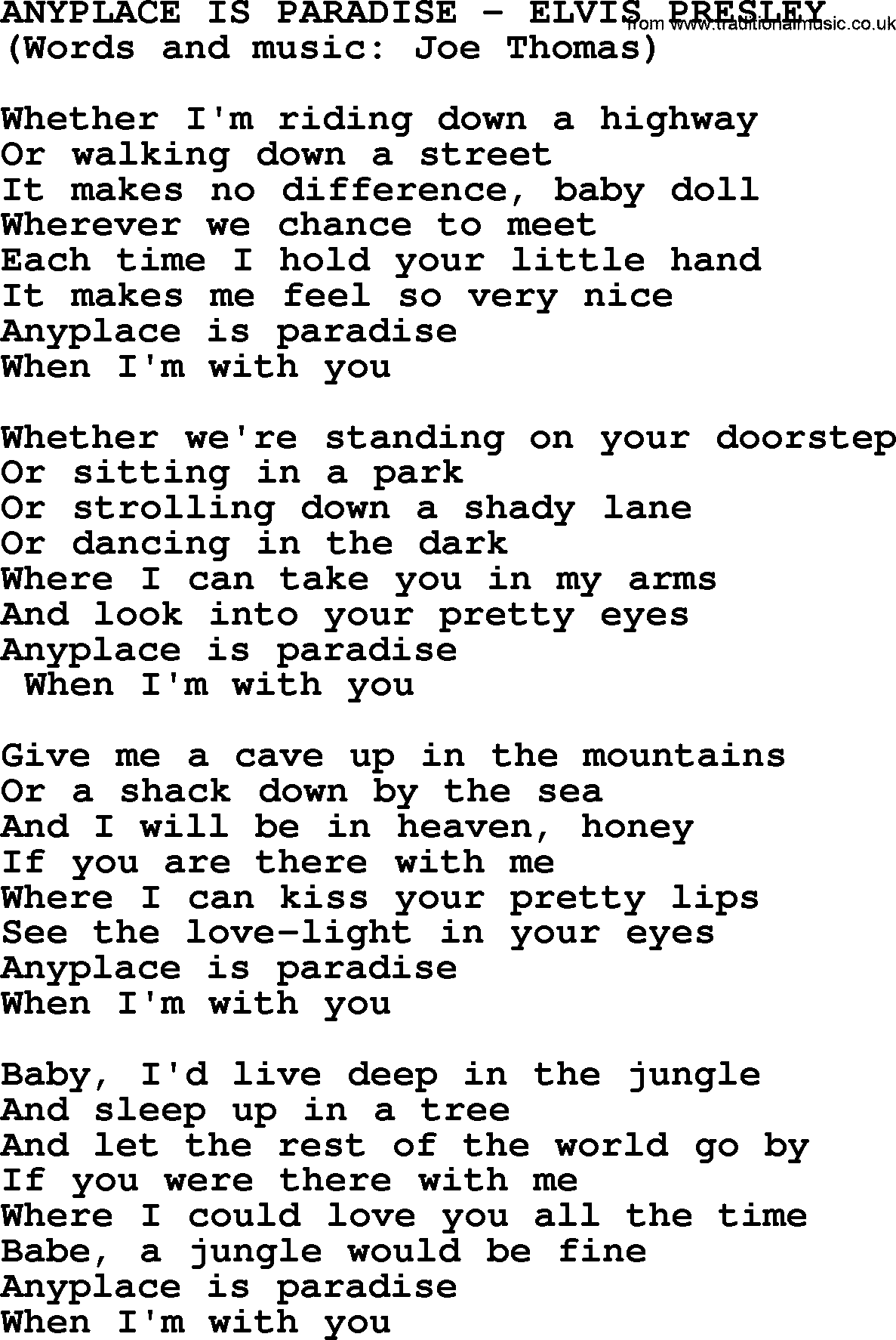 Elvis Presley song: Anyplace Is Paradise lyrics