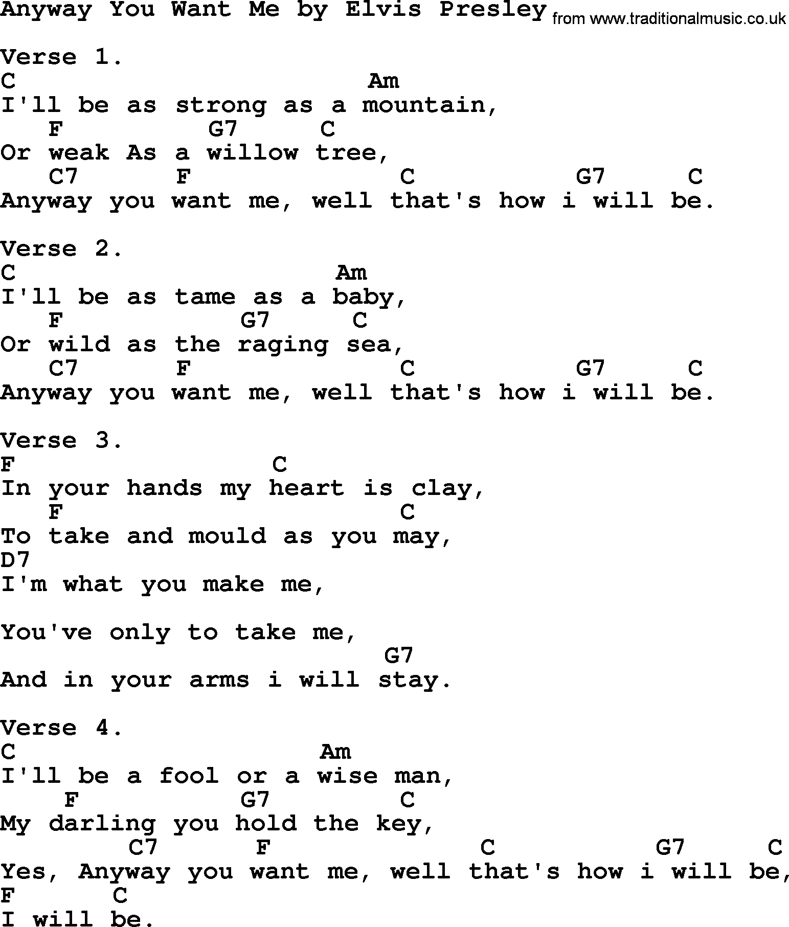 Elvis Presley song: Anyway You Want Me, lyrics and chords