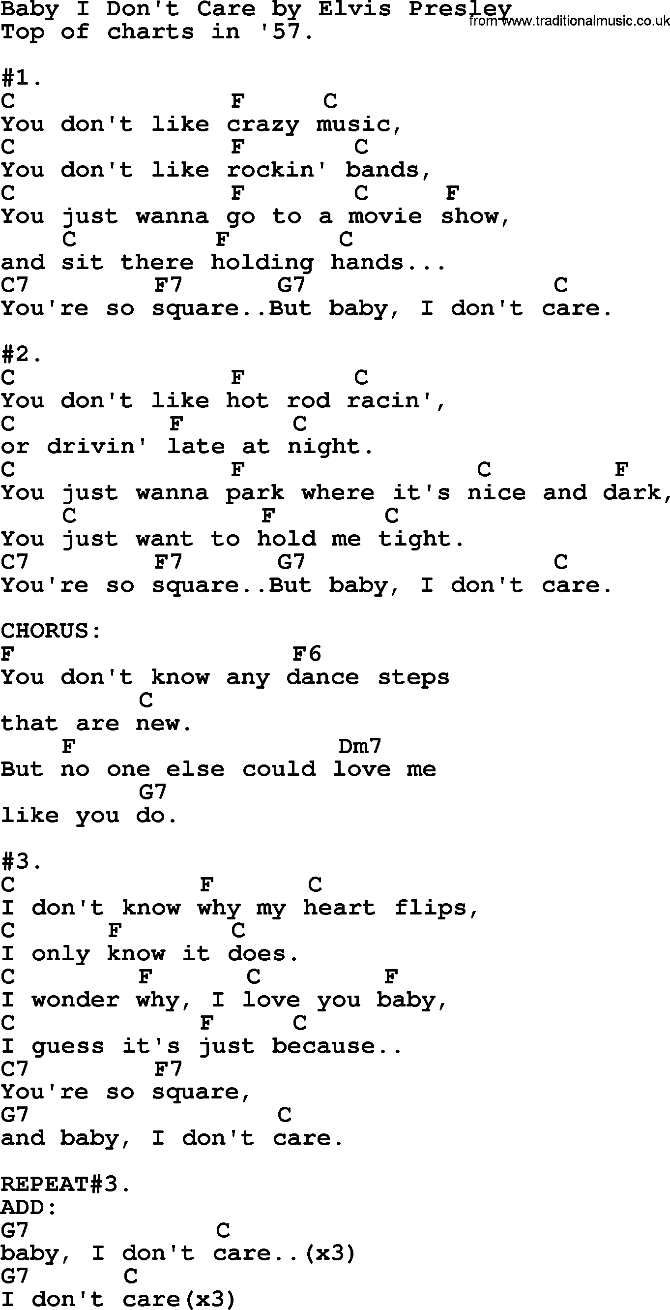 Elvis Presley song: Baby I Don't Care, lyrics and chords