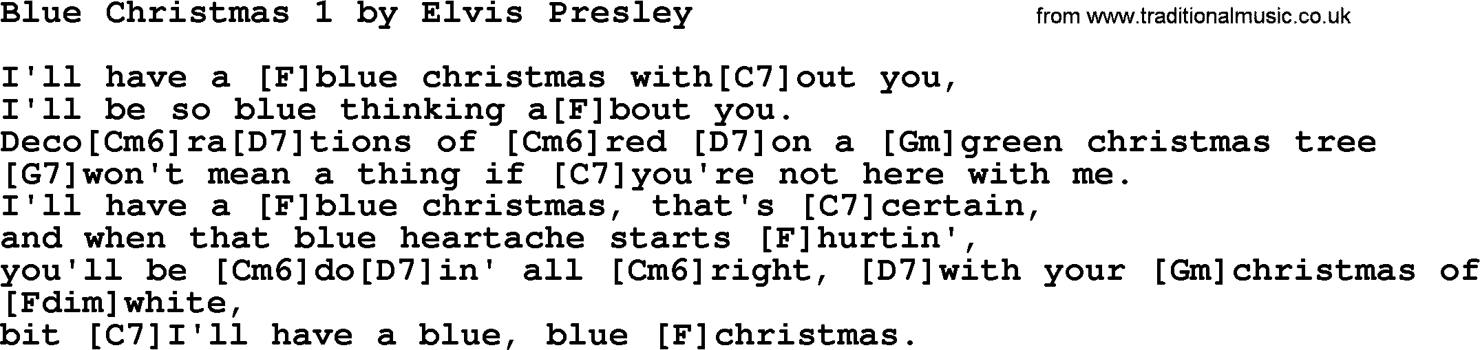 Elvis Presley song: Blue Christmas 1, lyrics and chords