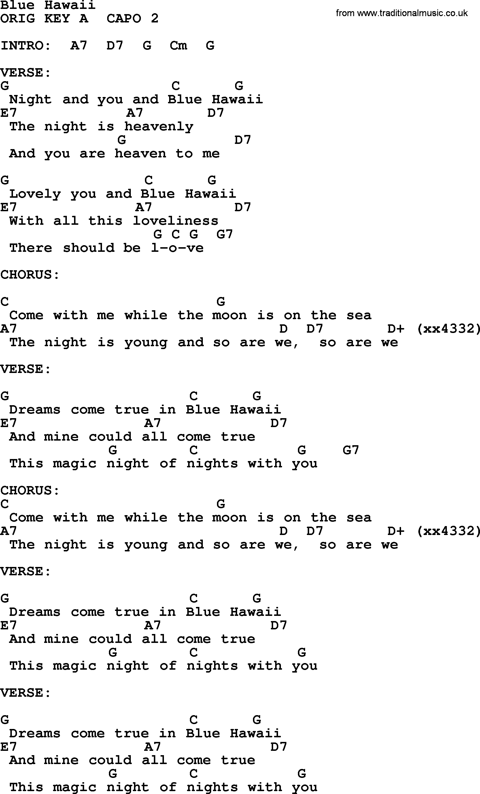 Elvis Presley song: Blue Hawaii, lyrics and chords