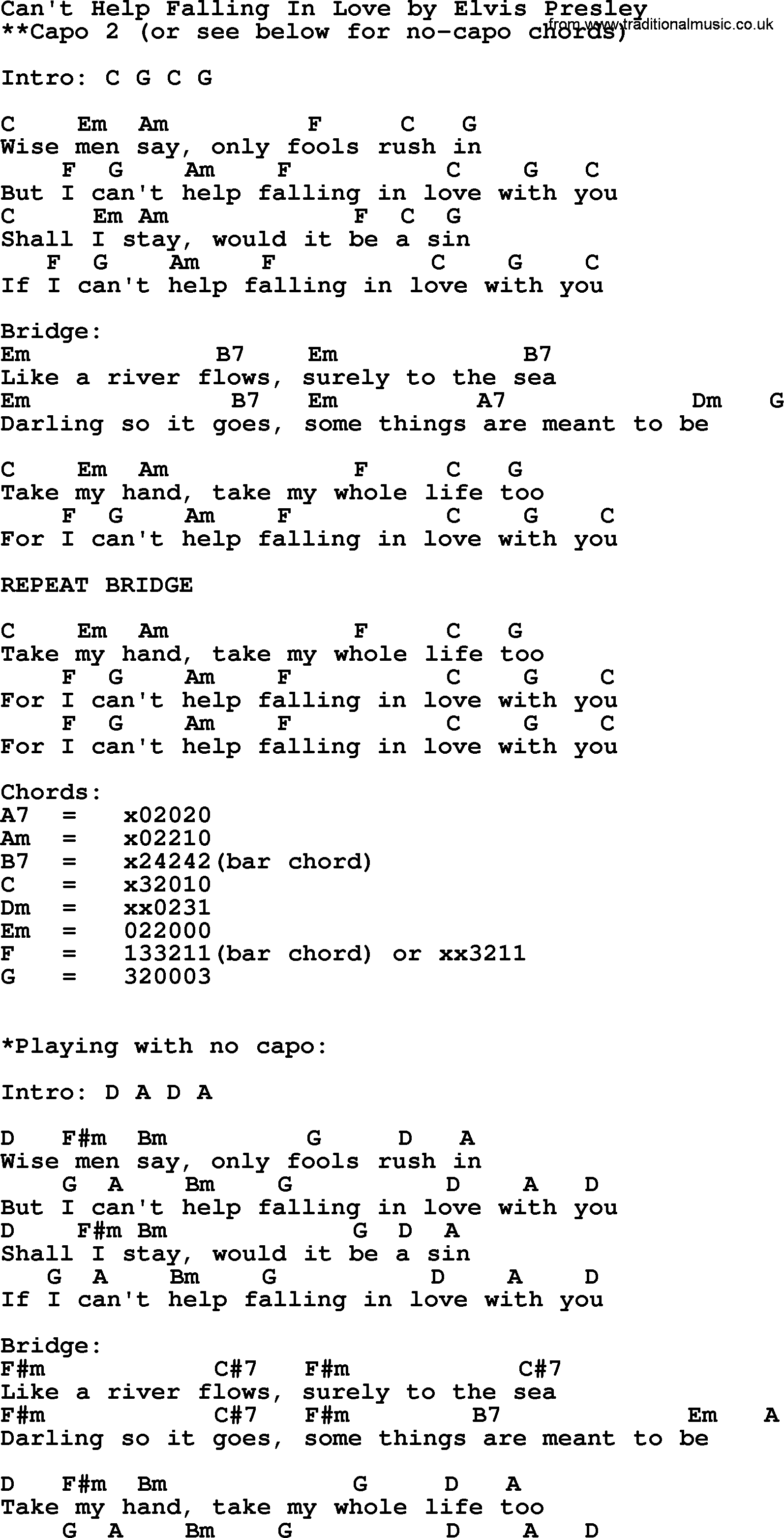 Can't Help Falling In by Elvis Presley - lyrics and chords
