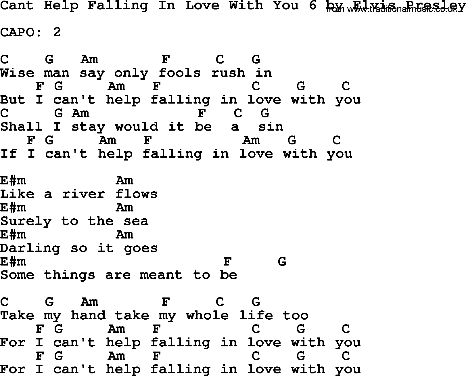Elvis Presley song: Cant Help Falling In Love With You 6, lyrics and chords