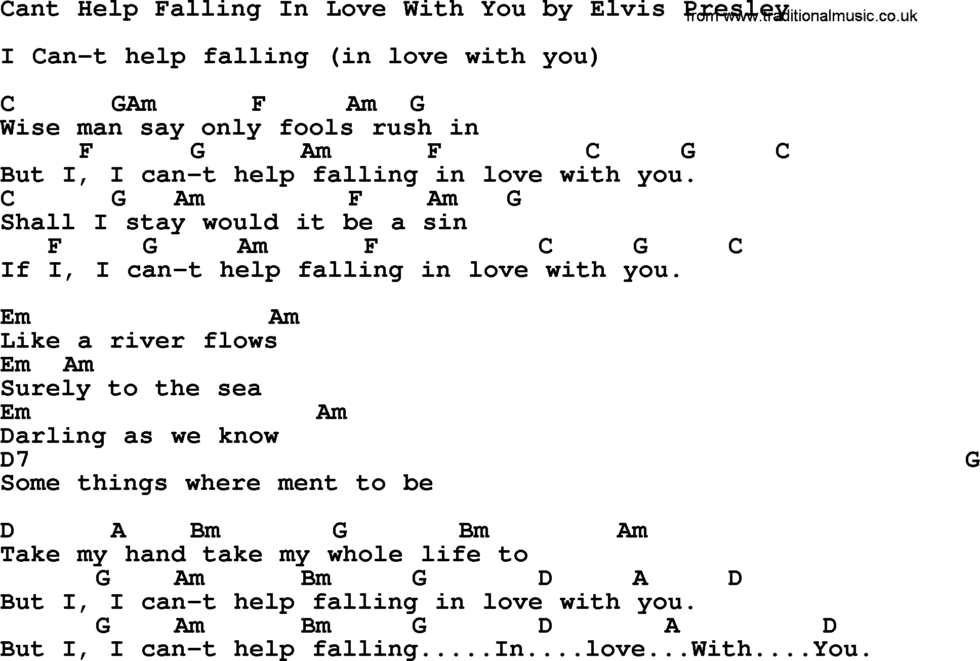 Elvis Presley song: Cant Help Falling In Love With You, lyrics and chords