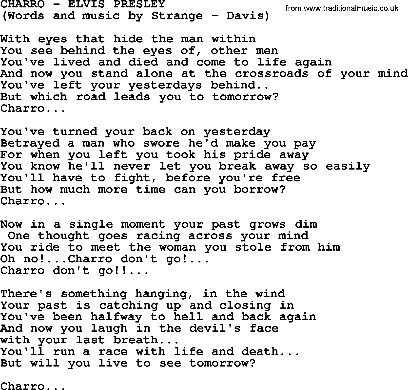 Elvis Presley song: Charro lyrics