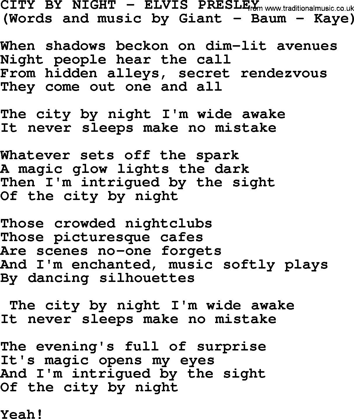 Elvis Presley song: City By Night lyrics