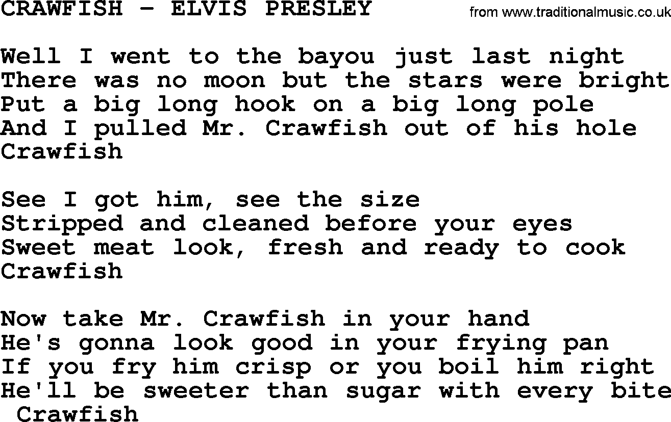 Elvis Presley song: Crawfish-Elvis Presley-.txt lyrics and chords