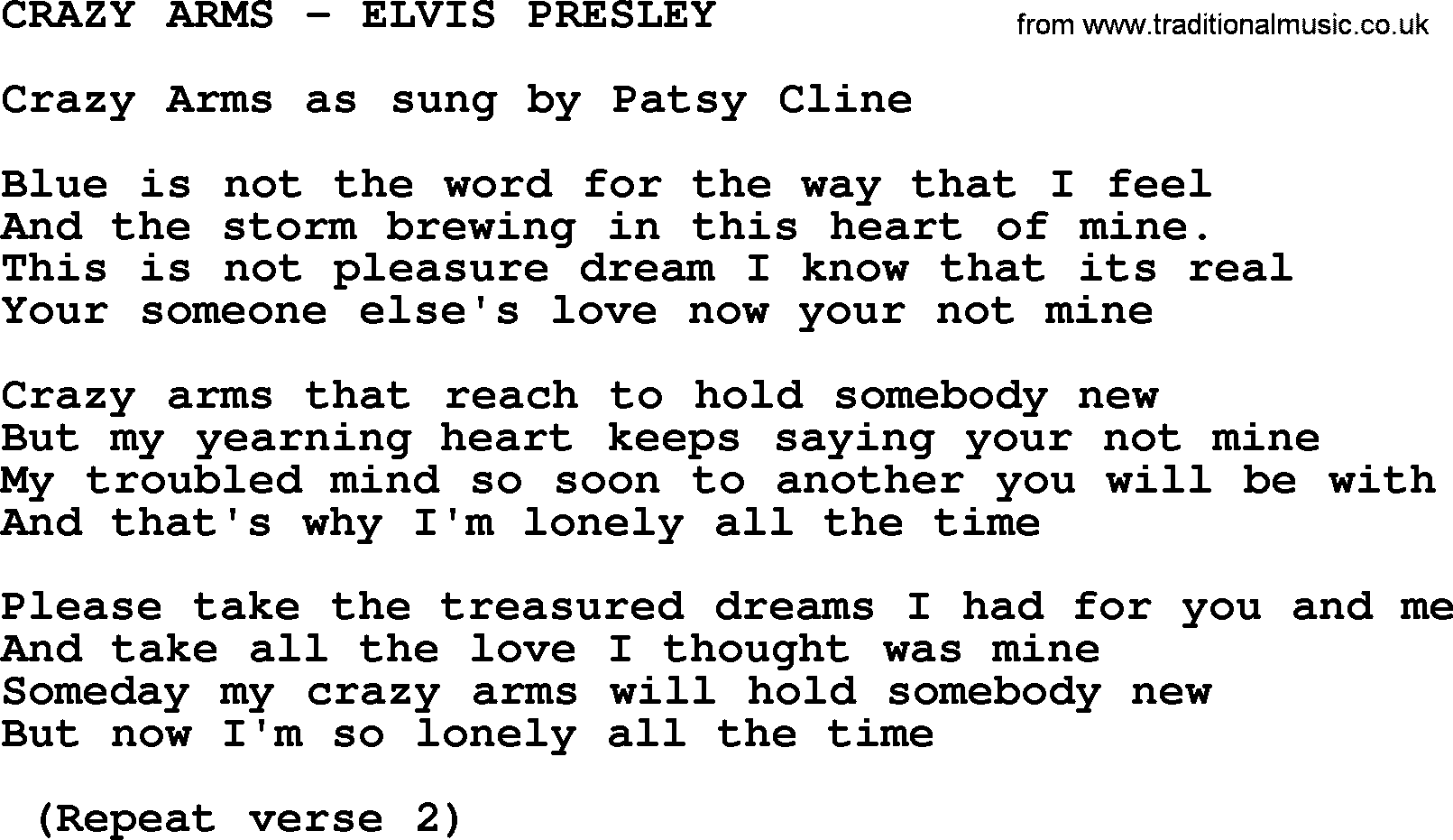 Elvis Presley song: Crazy Arms-Elvis Presley-.txt lyrics and chords