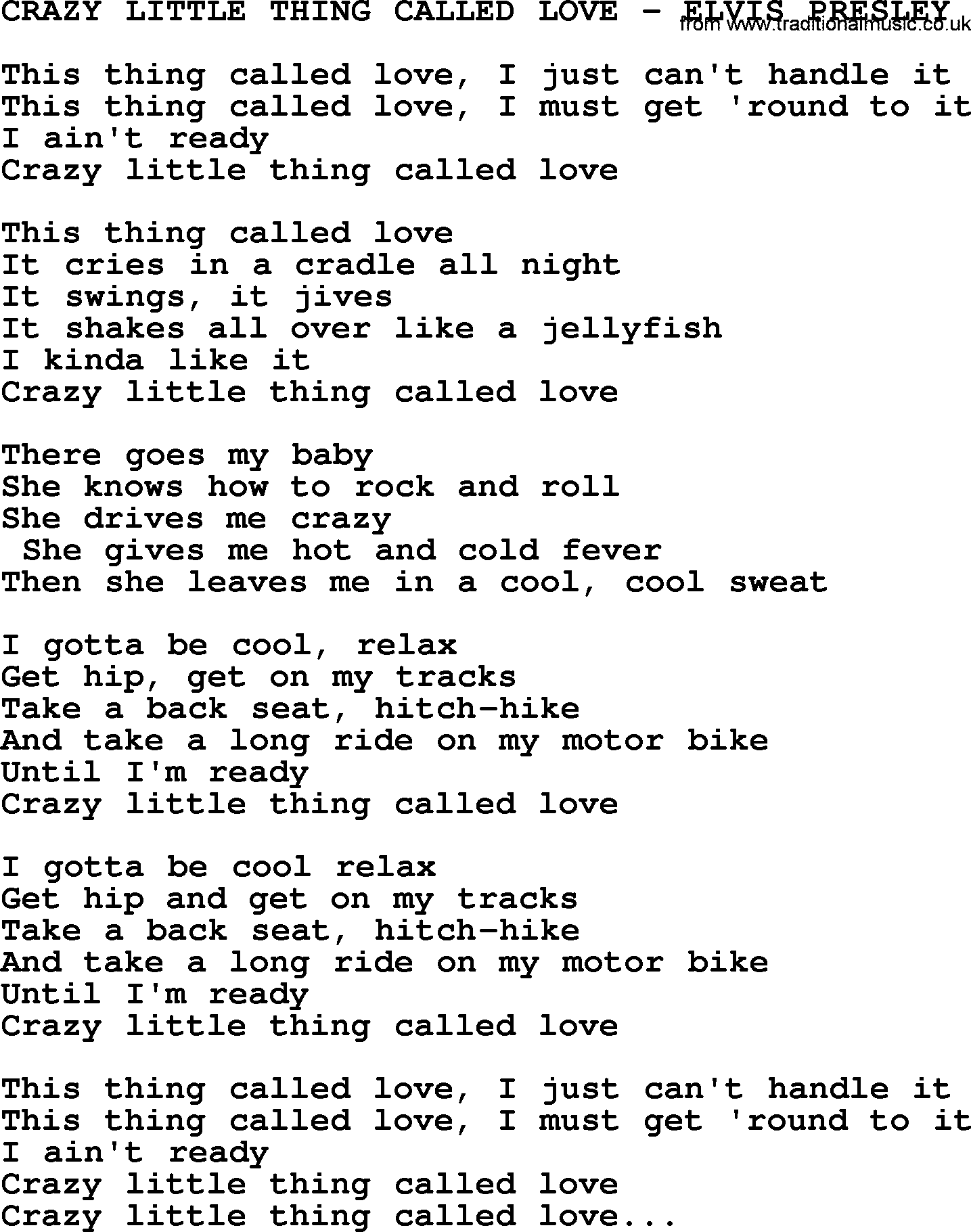 Elvis Presley song: Crazy Little Thing Called Love-Elvis Presley-.txt lyrics and chords